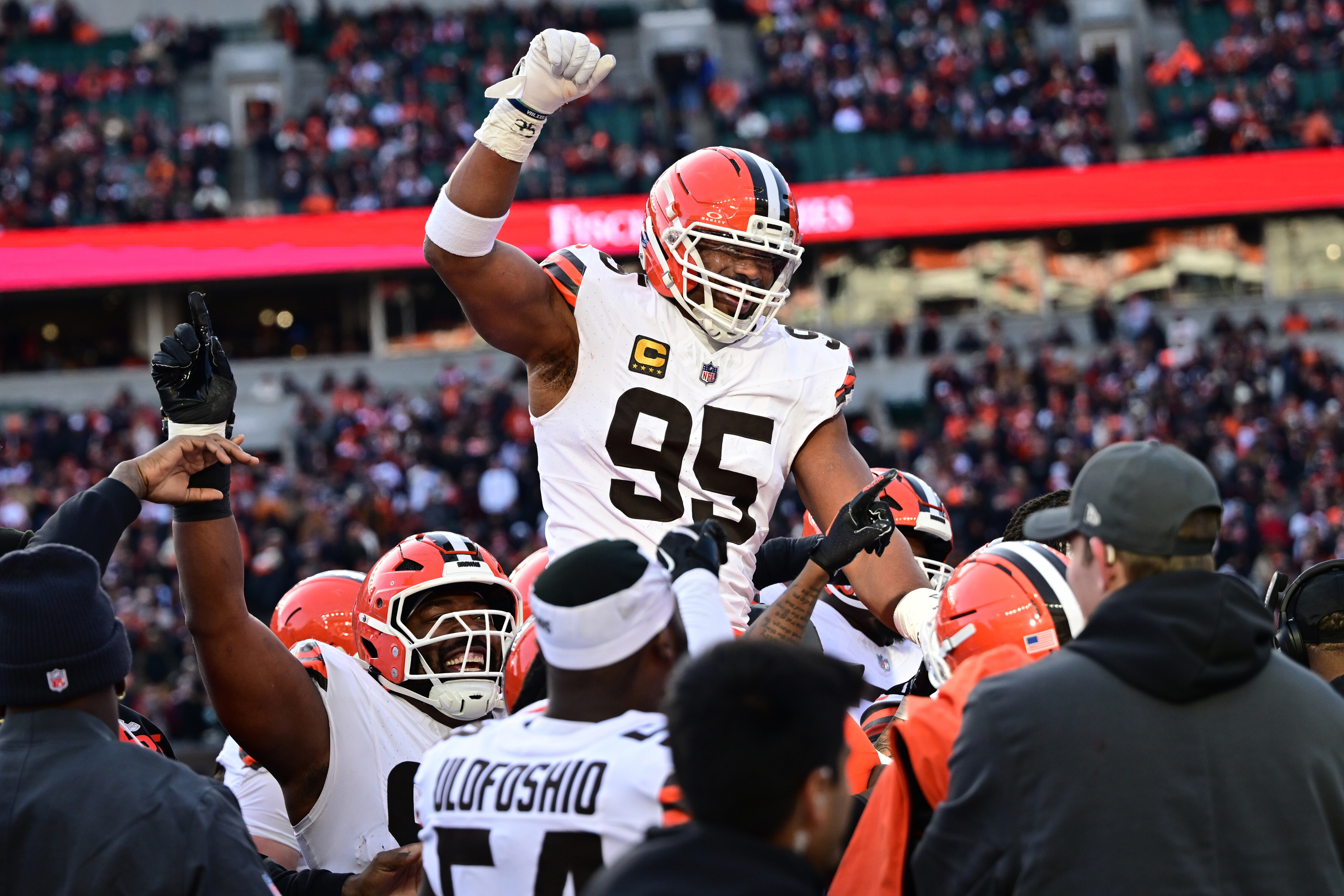 FILE - Cleveland Browns defensive end Myles Garrett, center, celebrates with teammates after breaking the NFL single season sack record during the second half of an NFL football game against the Cincinnati Bengals in Cincinnati, Jan. 4, 2026. 