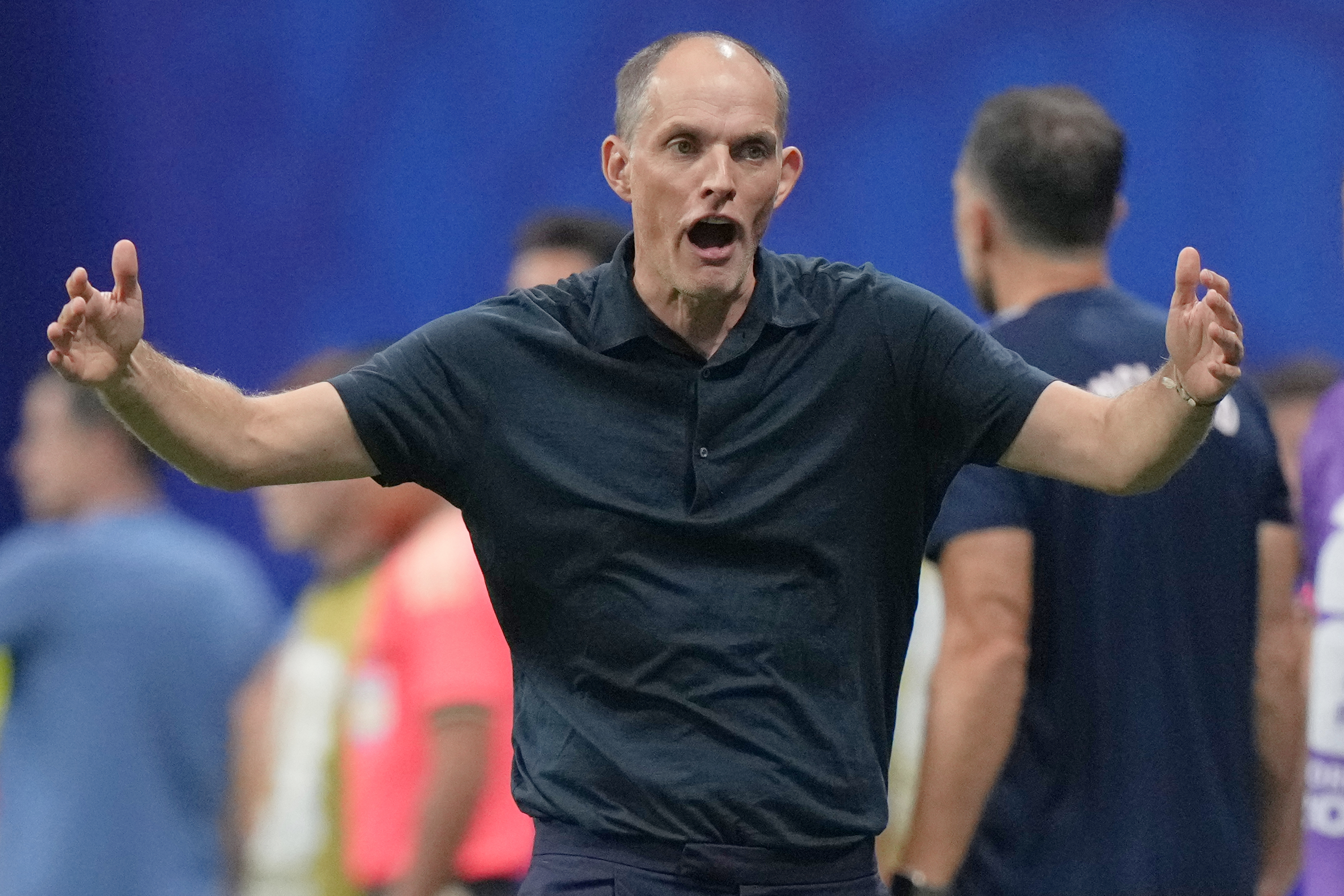 England head coach Thomas Tuchel reacts on the touchline during the World Cup semifinal soccer match between England and Argentina in Atlanta, Wednesday, July 15, 2026. 