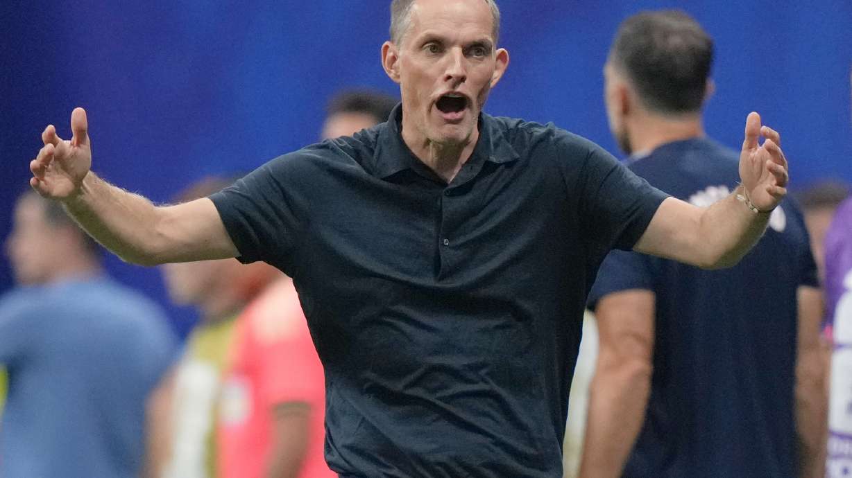England head coach Thomas Tuchel reacts on the touchline during the World Cup semifinal soccer match between England and Argentina in Atlanta, Wednesday, July 15, 2026.