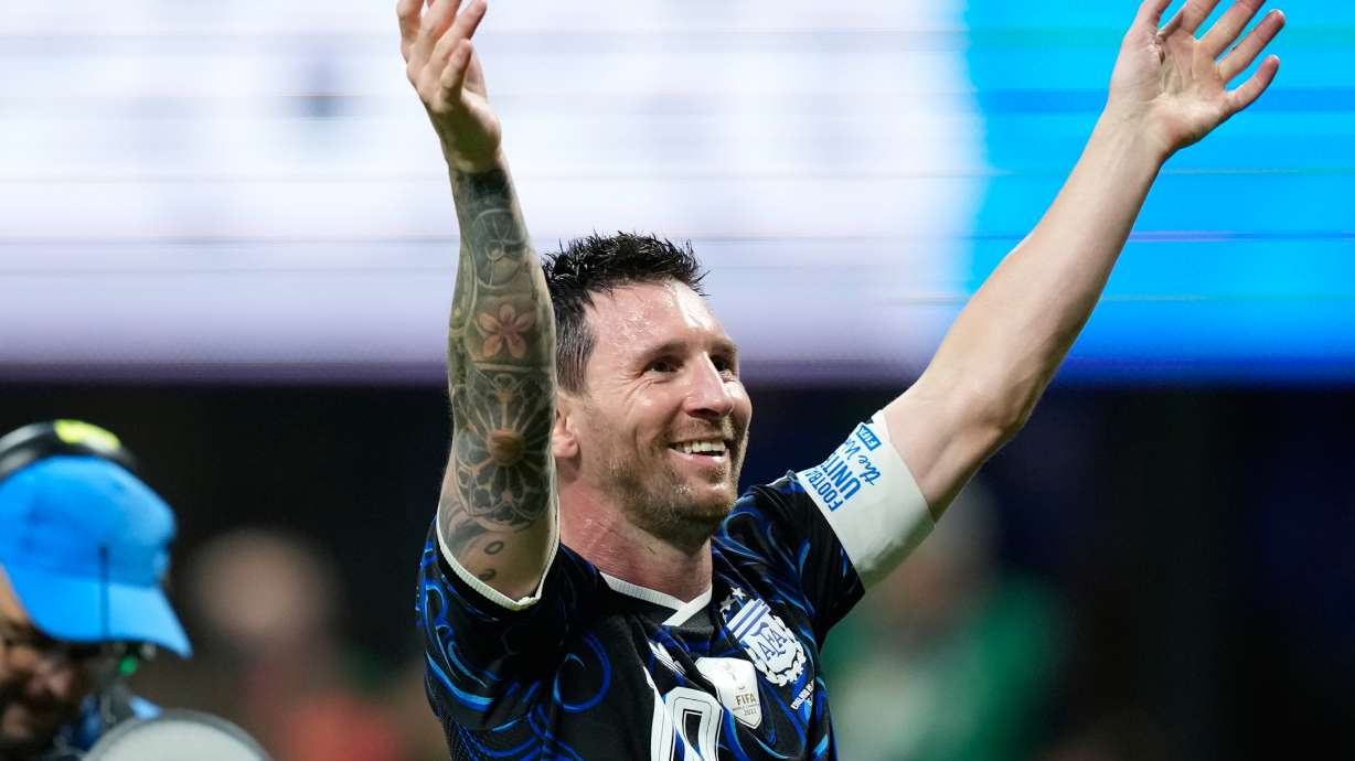 Argentina's Lionel Messi gestures to the fans at the end of the World Cup semifinal soccer match between England and Argentina in Atlanta, Wednesday, July 15, 2026.