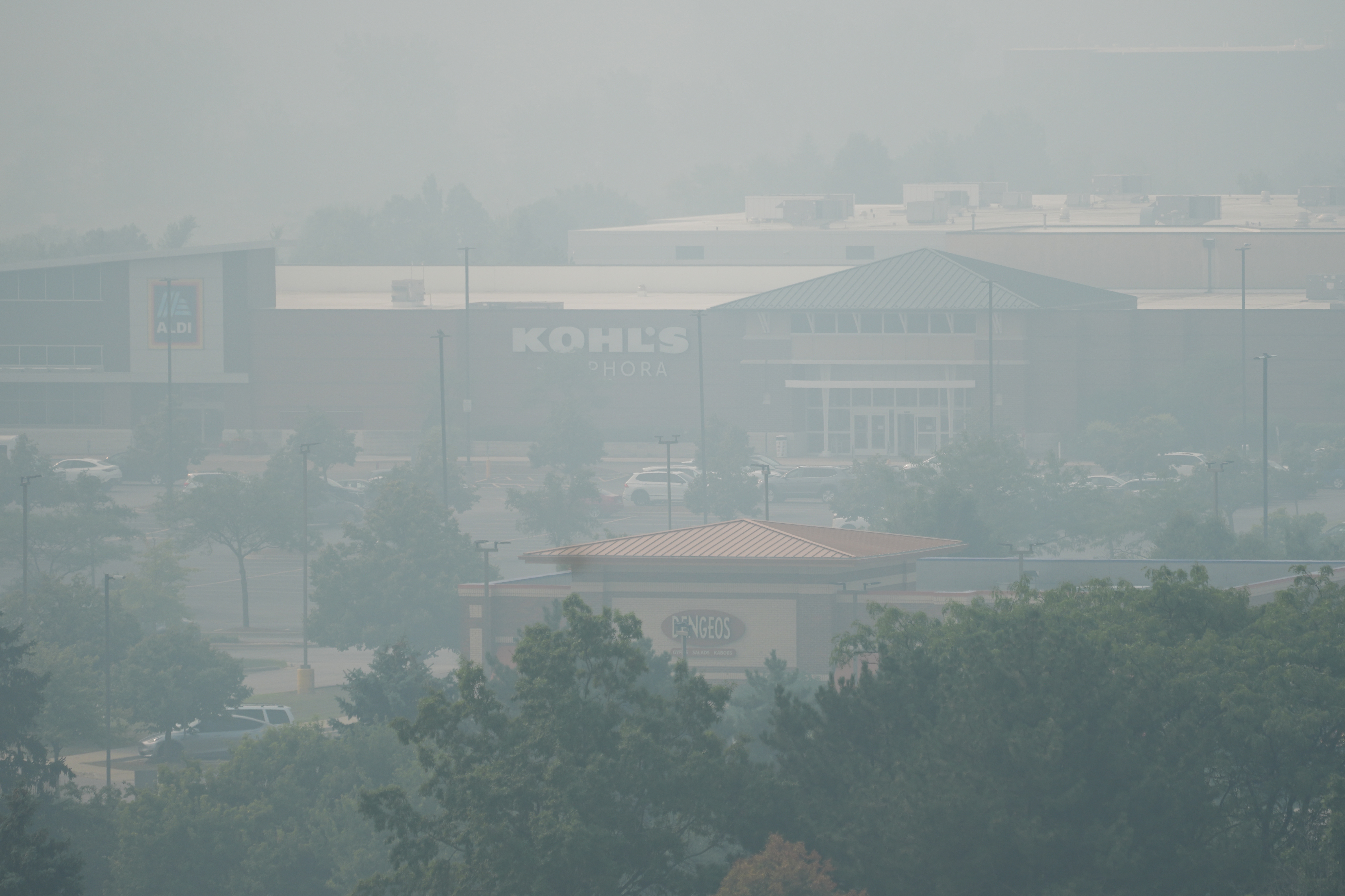 A general view of street mall during poor air quality due to dense smoke from Canadian wildfires in Glenview, Ill., Thursday, July 16, 2026.  CORRECTION: Glenview, not Northbrook