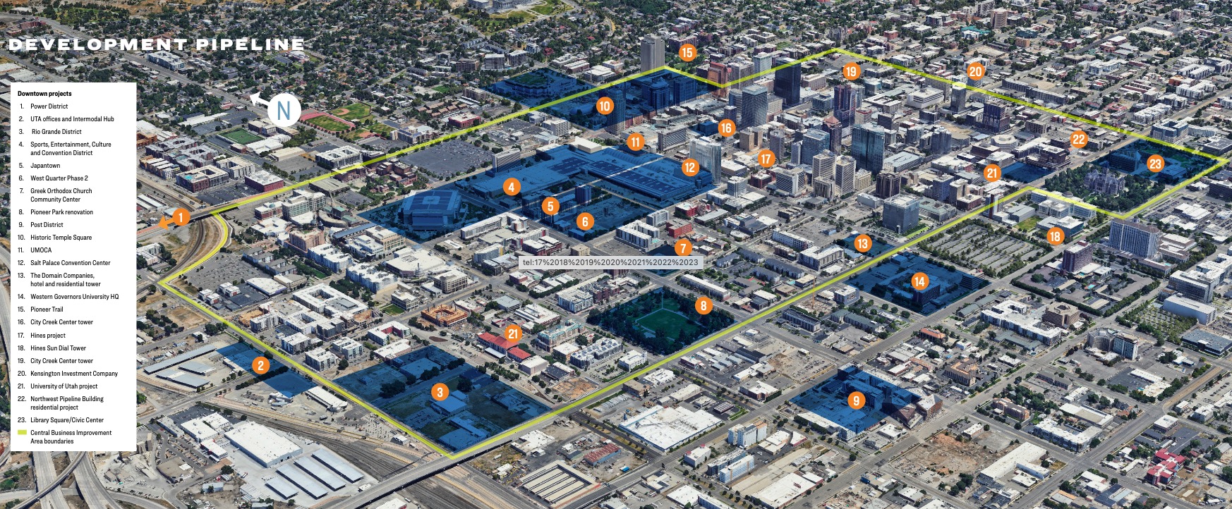 This map shows 23 projects in or around the central business district in downtown Salt Lake City that are expected to be completed over the next decade.
