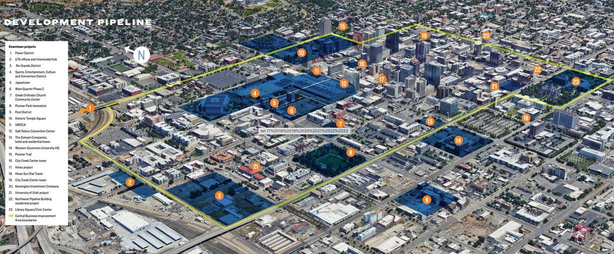 This map shows 23 projects in or around the central business district in downtown Salt Lake City that are expected to be completed over the next decade.