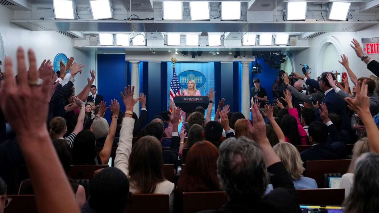 White House press secretary Karoline Leavitt speaks with reporters in the James Brady Press Briefing Room at the White House, Thursday, in Washington. The Trump administration announced it will drastically shorten visas for foreign journalists in the U.S. to 240 days, and cut those for Chinese journalists to only 90 days.