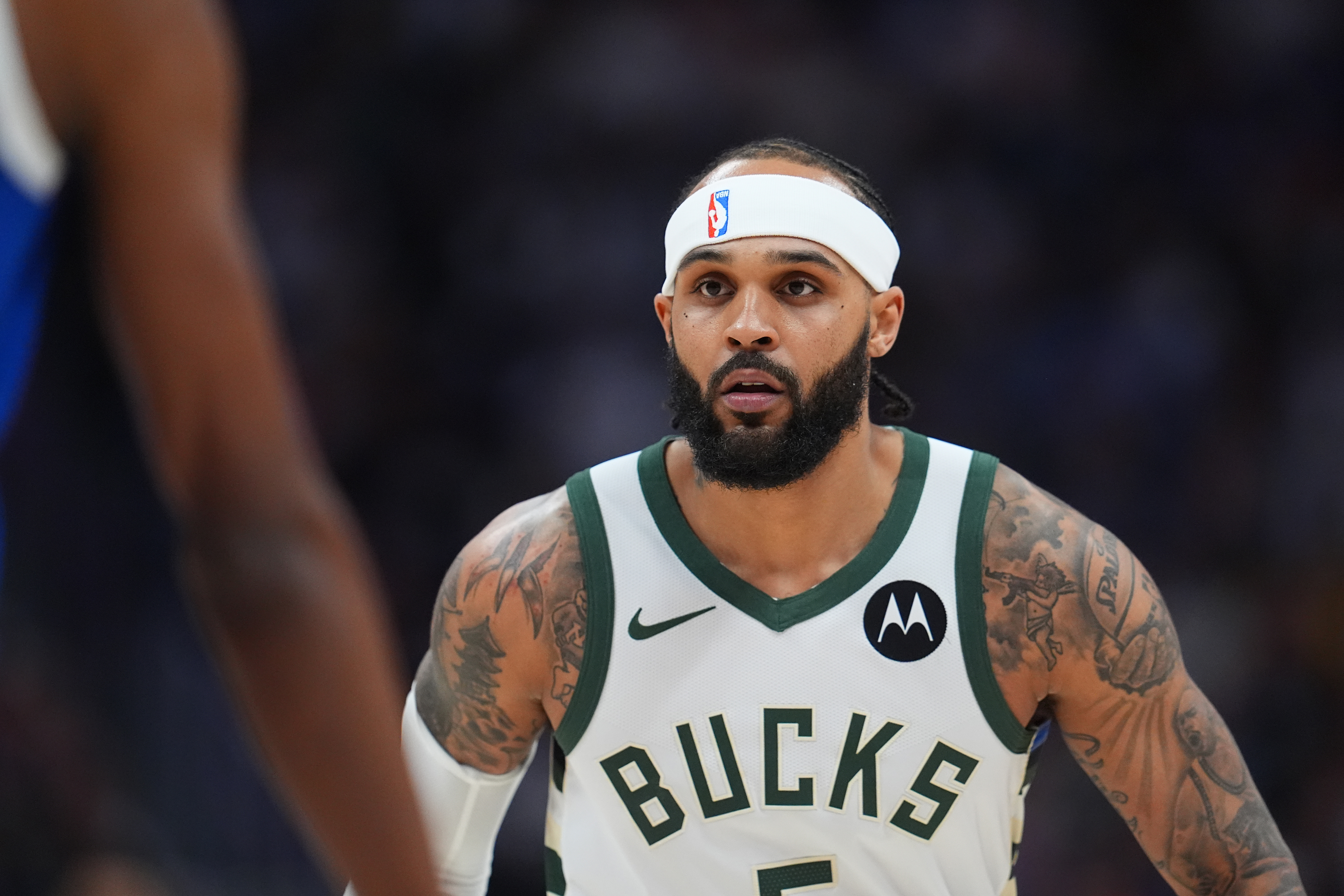 FILE - Milwaukee Bucks guard Gary Trent Jr. (5) plays in the first half of an NBA basketball game Jan. 11, 2026, in Denver. 
