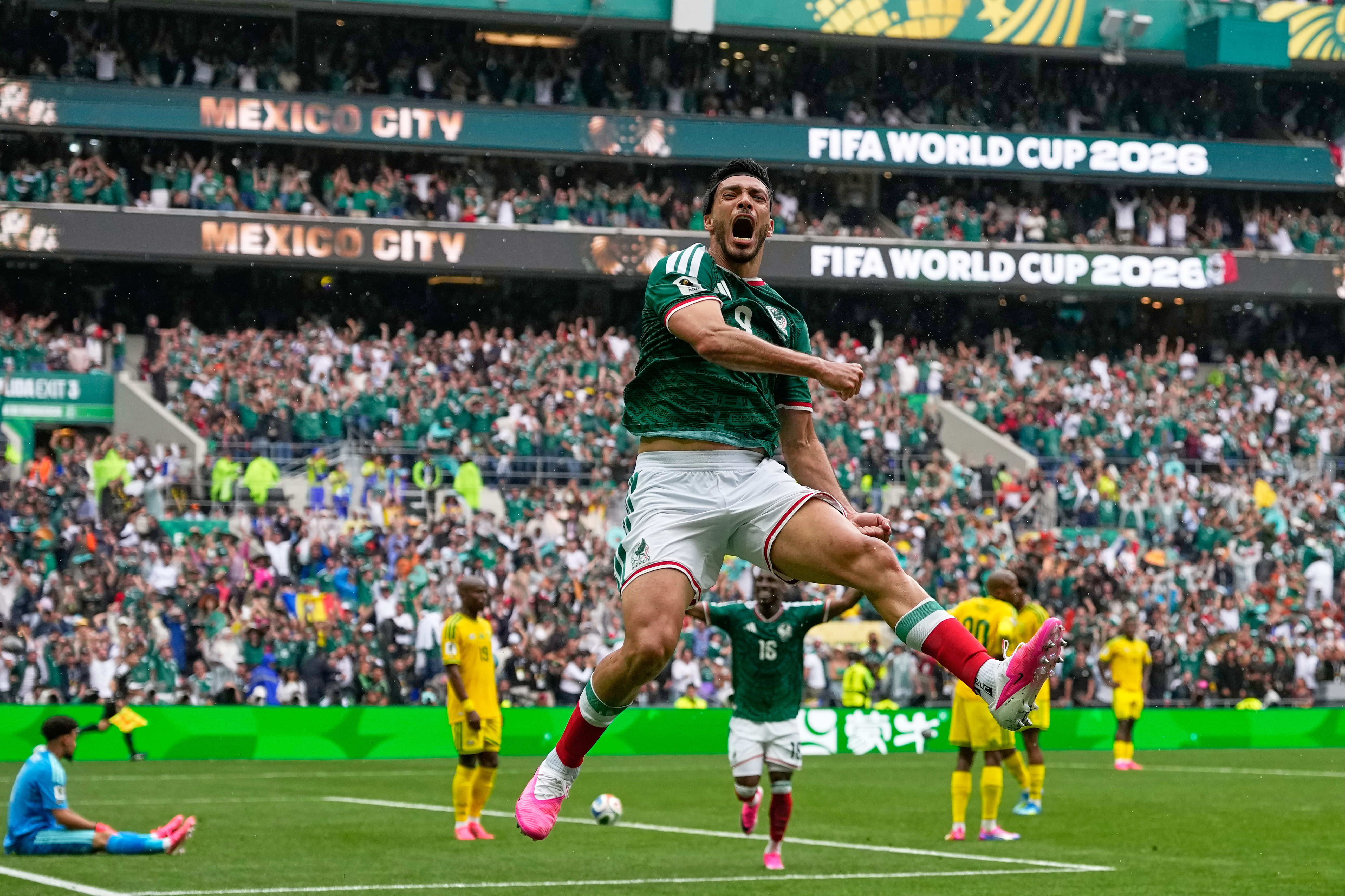Mexico's Raul Jimenez celebrates after scoring his side's second goal during the World Cup Group A soccer match between Mexico and South Africa in Mexico City, Thursday, June 11, 2026. 