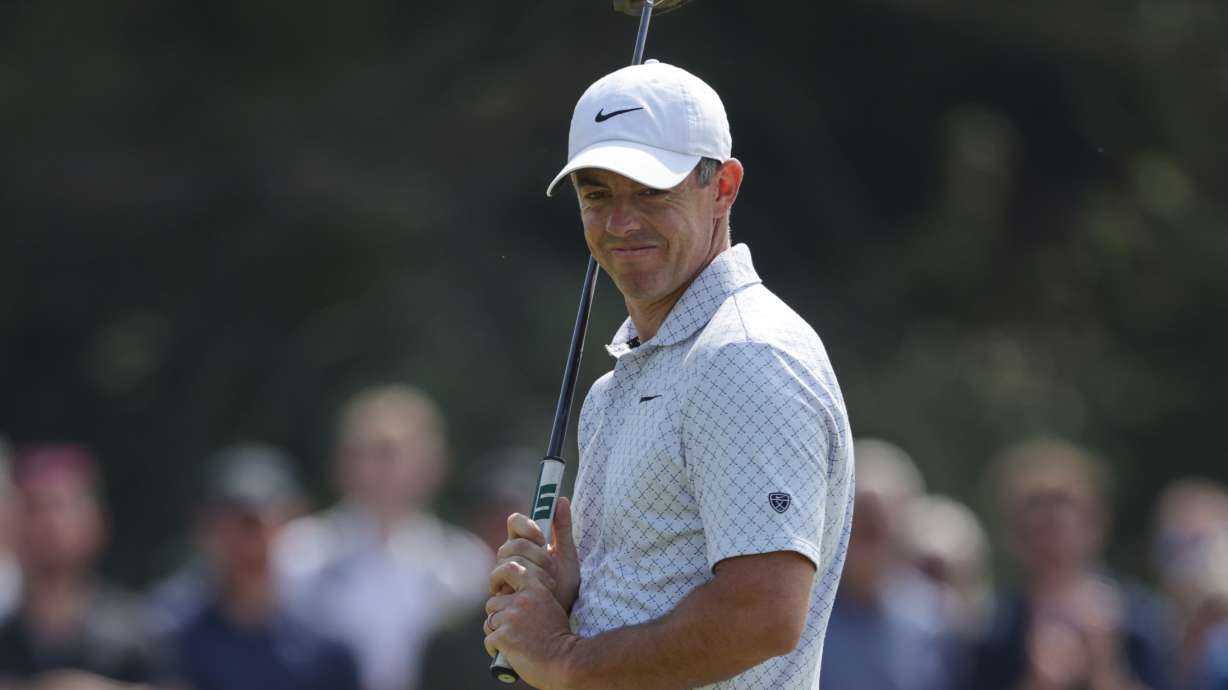 Rory McIlroy of Northern Ireland reacts on the 4th green after putting during the second day of the British Open Golf championships at Royal Birkdale golf club, in Southport, England, Friday, July 17, 2026.