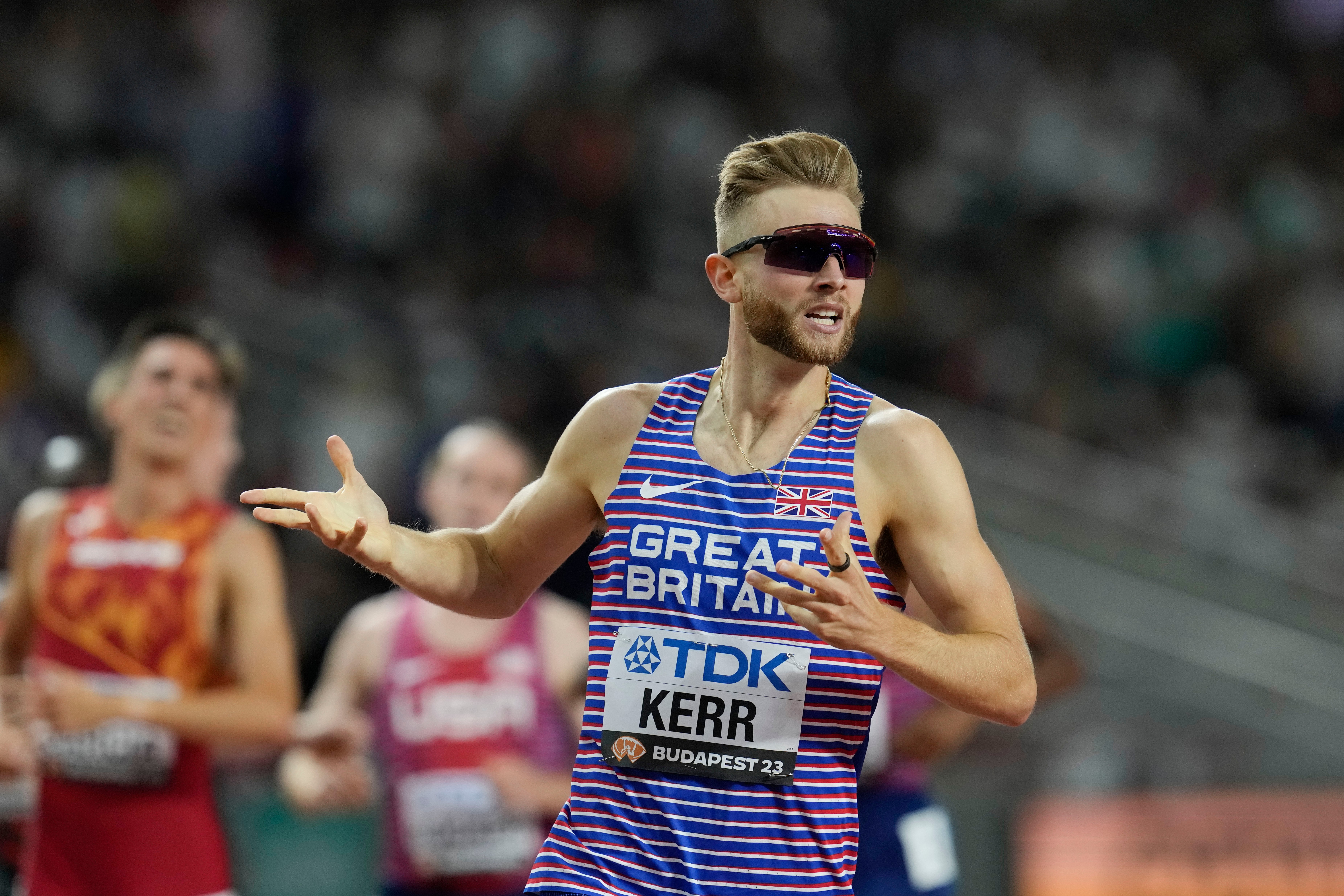 FILE - Josh Kerr, of Great Britain, reacts after winning the men's 1500-meters final during the World Athletics Championships in Budapest, Hungary, Wednesday, Aug. 23, 2023. 