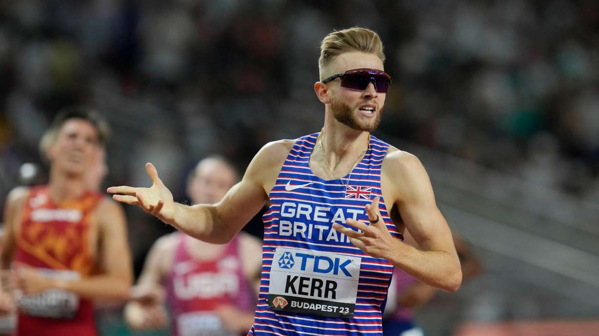FILE - Josh Kerr, of Great Britain, reacts after winning the men's 1500-meters final during the World Athletics Championships in Budapest, Hungary, Wednesday, Aug. 23, 2023.