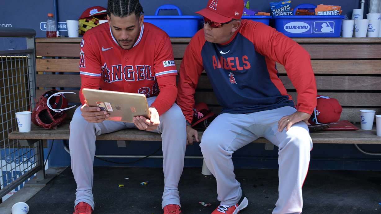 FILE - Los Angeles Angels' Jose Siri, left, looks at an iPad in the dugout with Angels' assistant hitting coach Jobel Jiménez during a baseball game against the Los Angeles Dodgers, June 7, 2026, in Los Angeles.