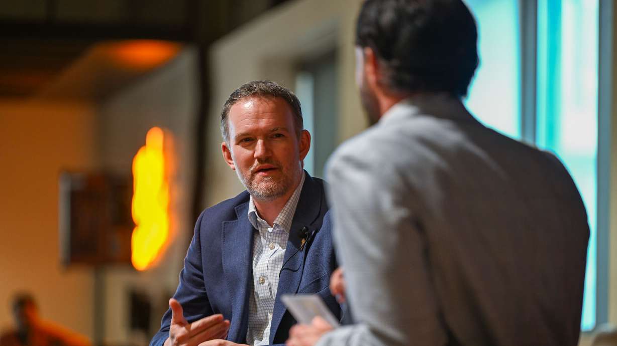 Trade Representative Jamieson Greer and Traeger Grills CEO Jeremy Andrus at the World Trade Center Utah Global Advisory Board’s Summer BBQ in Salt Lake City on Thursday. Greer gave the state's business elite a look at the Trump administration's global economic overhaul.