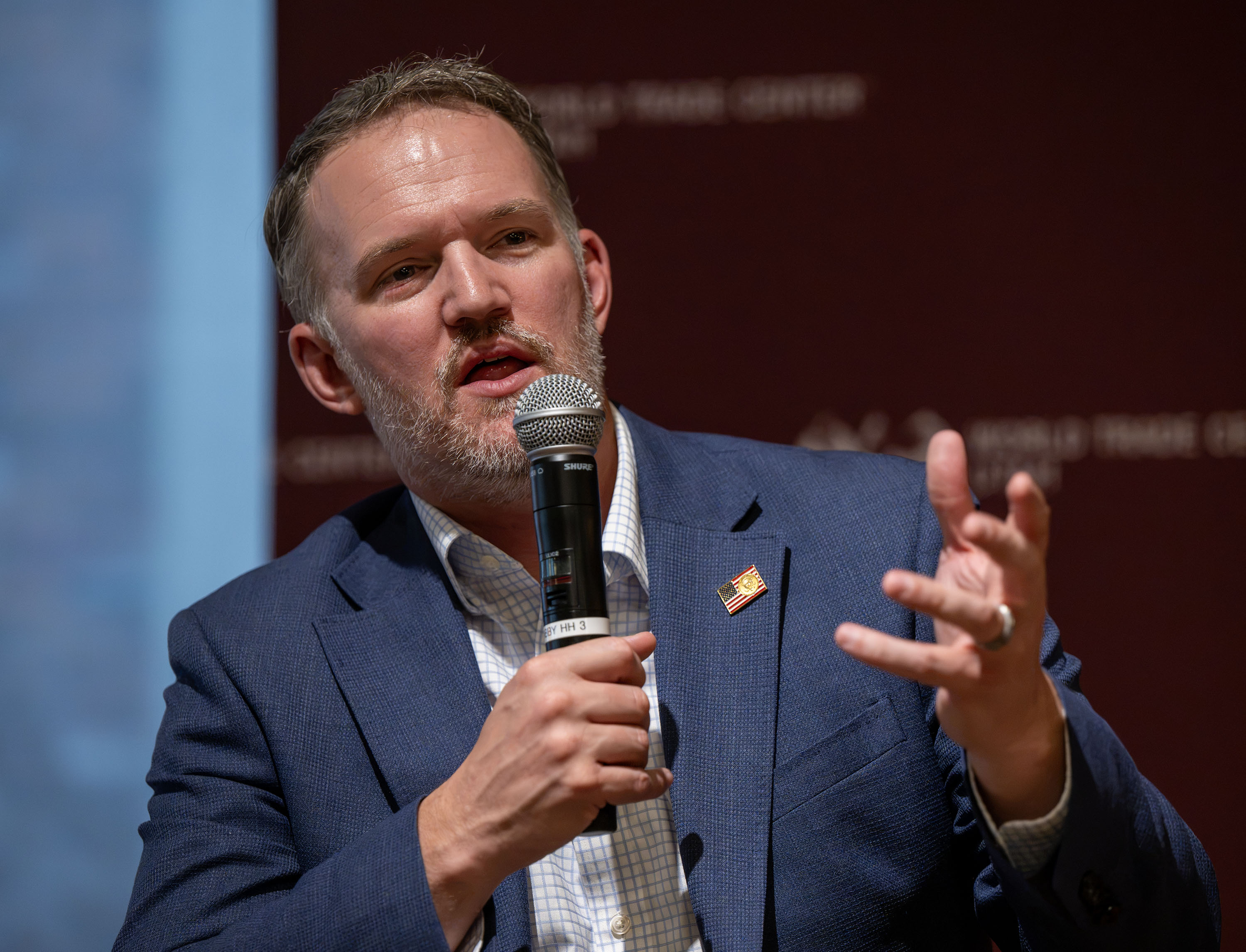 Trade Representative Jamieson Greer speaks at the World Trade Center Utah Global Advisory Board’s Summer BBQ at Traeger in Salt Lake City on Thursday. Greer gave an inside look at the Trump administration's overhaul of the global economy.