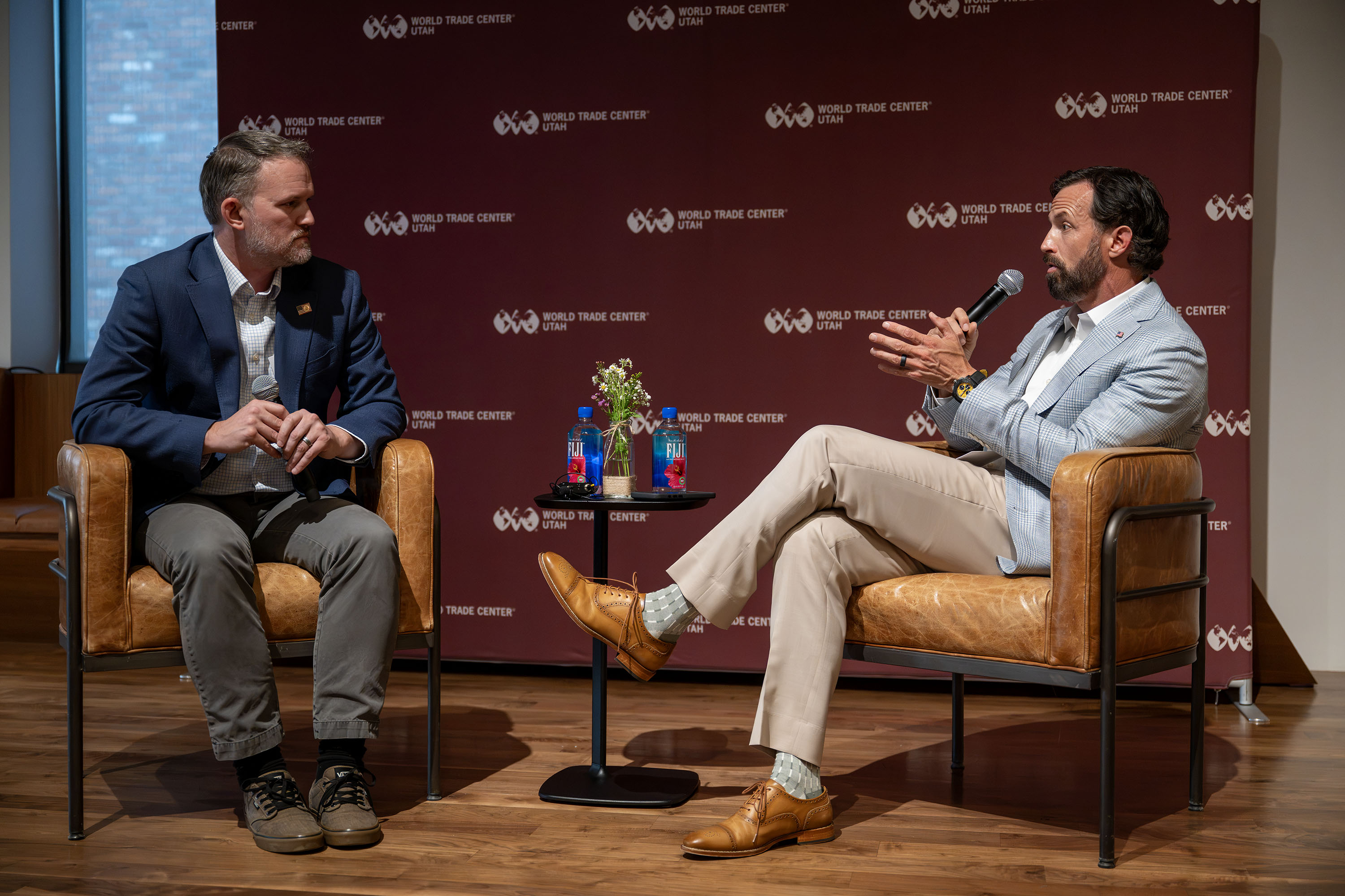 Trade Representative Jamieson Greer and Traeger Grills CEO Jeremy Andrus at the World Trade Center Utah Global Advisory Board’s Summer BBQ at Traeger in Salt Lake City on Thursday. Greer's visit was organized to put Utah business and manufacturing in the spotlight.