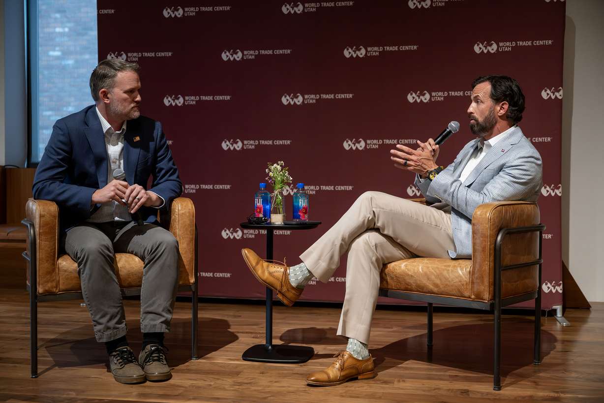 Trade Representative Jamieson Greer and Traeger Grills CEO Jeremy Andrus at the World Trade Center Utah Global Advisory Board’s Summer BBQ at Traeger in Salt Lake City on Thursday. Greer's visit was organized to put Utah business and manufacturing in the spotlight.