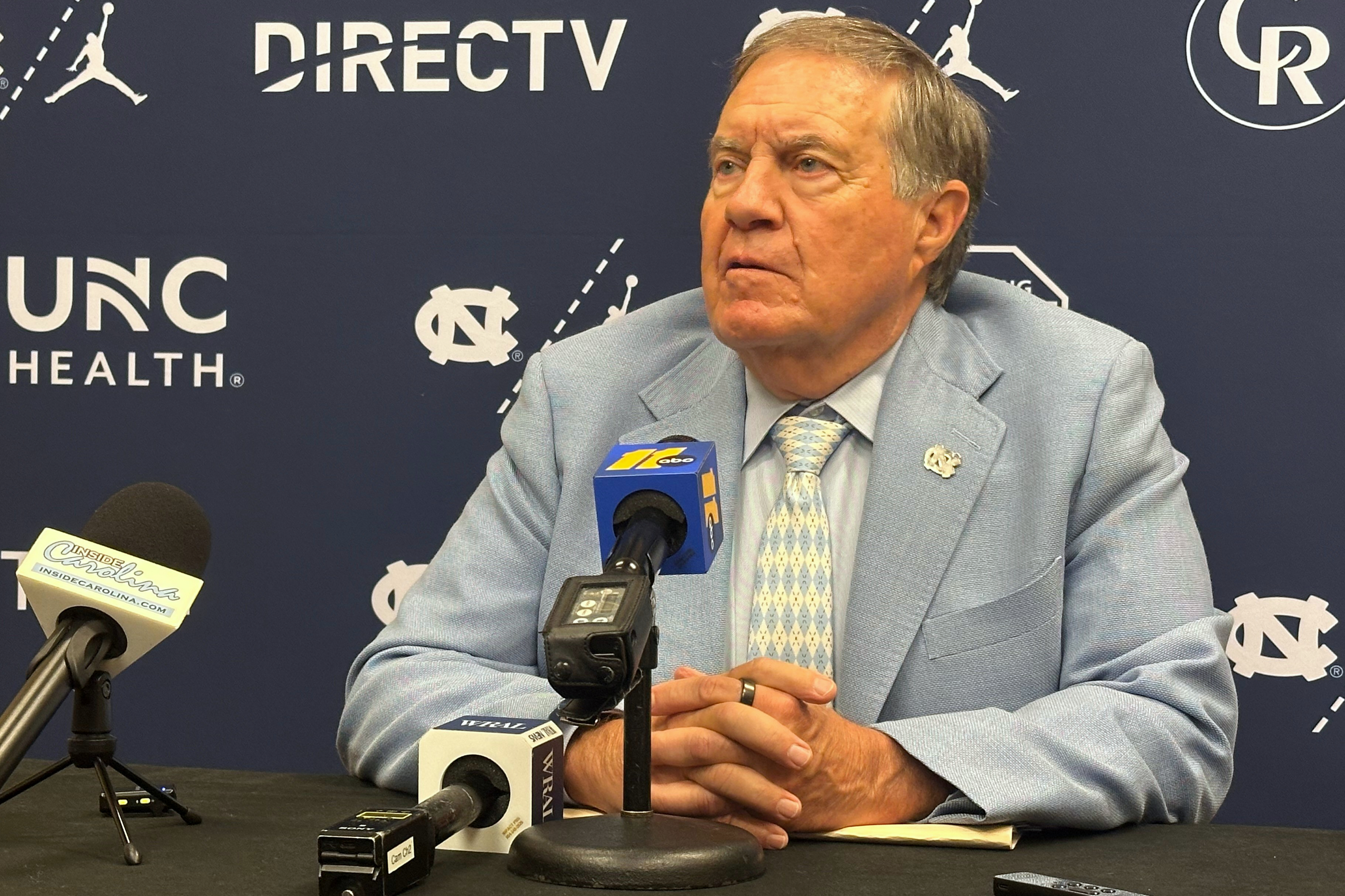 UNC coach Bill Belichick speaks during the ACC Kickoff preseason NCAA College football media day on Friday, July 17, 2026 in Charlotte, N.C. 
