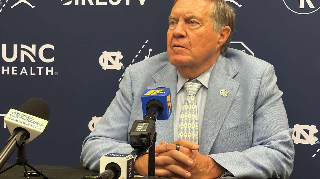 UNC coach Bill Belichick speaks during the ACC Kickoff preseason NCAA College football media day on Friday, July 17, 2026 in Charlotte, N.C.