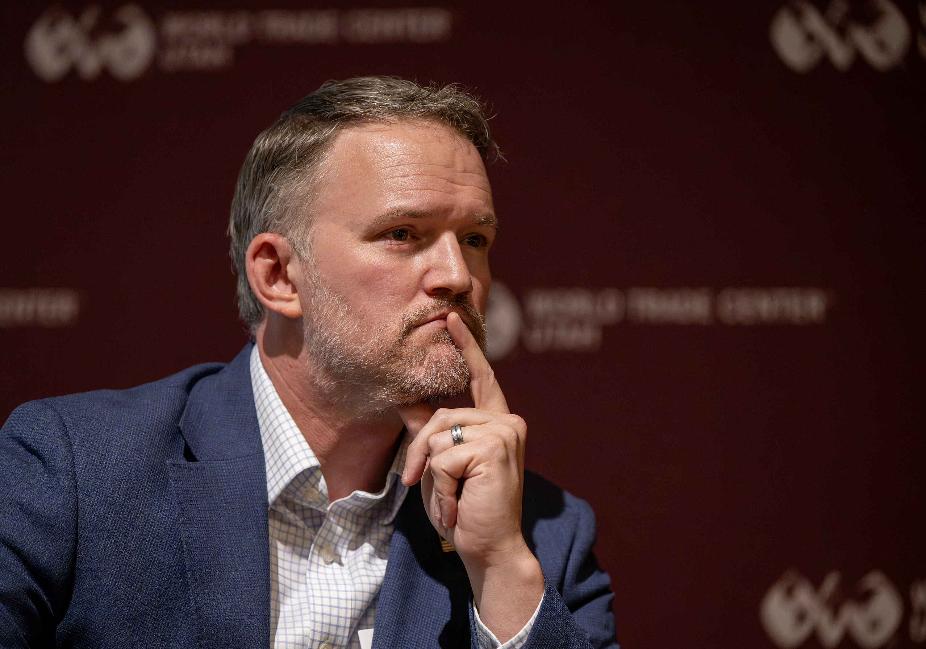 Trade Representative Jamieson Greer listens to a question at the World Trade Center Utah Global Advisory Board’s Summer BBQ at Traeger in Salt Lake City on Thursday. Greer admitted he doesn't do a lot of posturing when making deals.