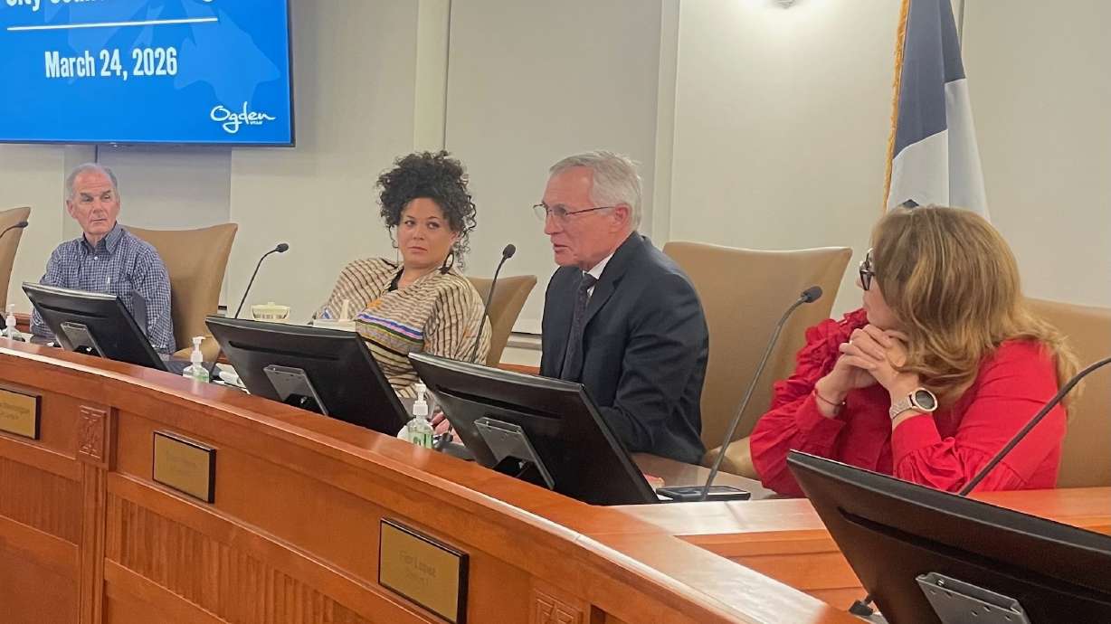 Nineteen hopefuls are vying for the Ogden City Council seat being vacated by Shaun Myers, with the replacement to be chosen next Tuesday. Myers, second from right, at a March 24 City Council meeting.