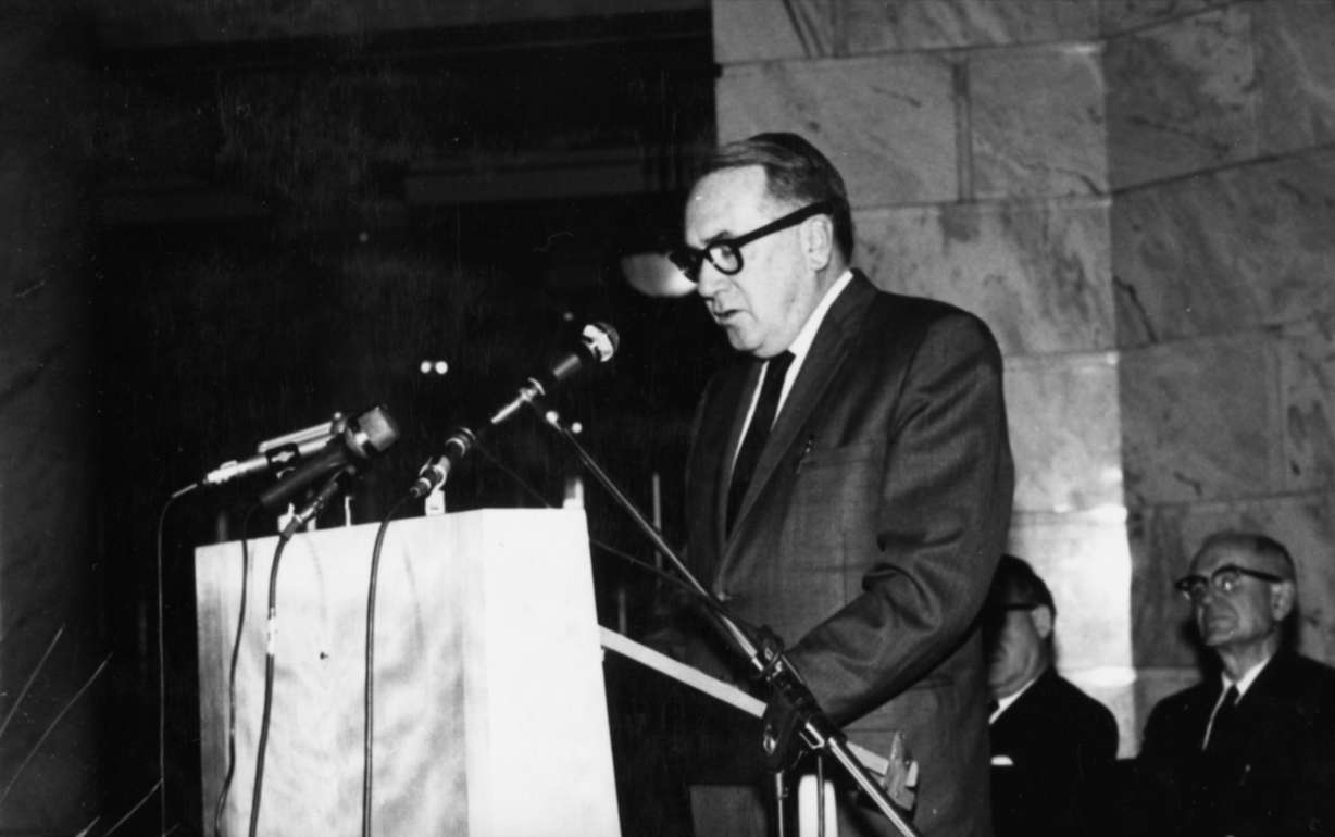 Utah Gov. Calvin Rampton speaks at an event at the Utah Capitol in 1968. Rampton, who was still Utah's governor in 1974, asked the U.S. to allow the state to drop year-round daylight saving time less than a week after the U.S. test began.