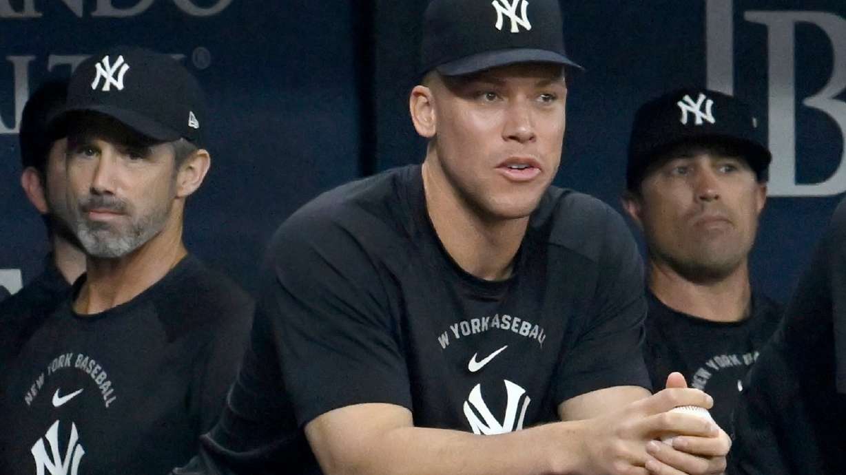 New York Yankees' Aaron Judge watches from the dugout during a baseball game against the Tampa Bay Rays Monday, July 6, 2026, in St. Petersburg, Fla.