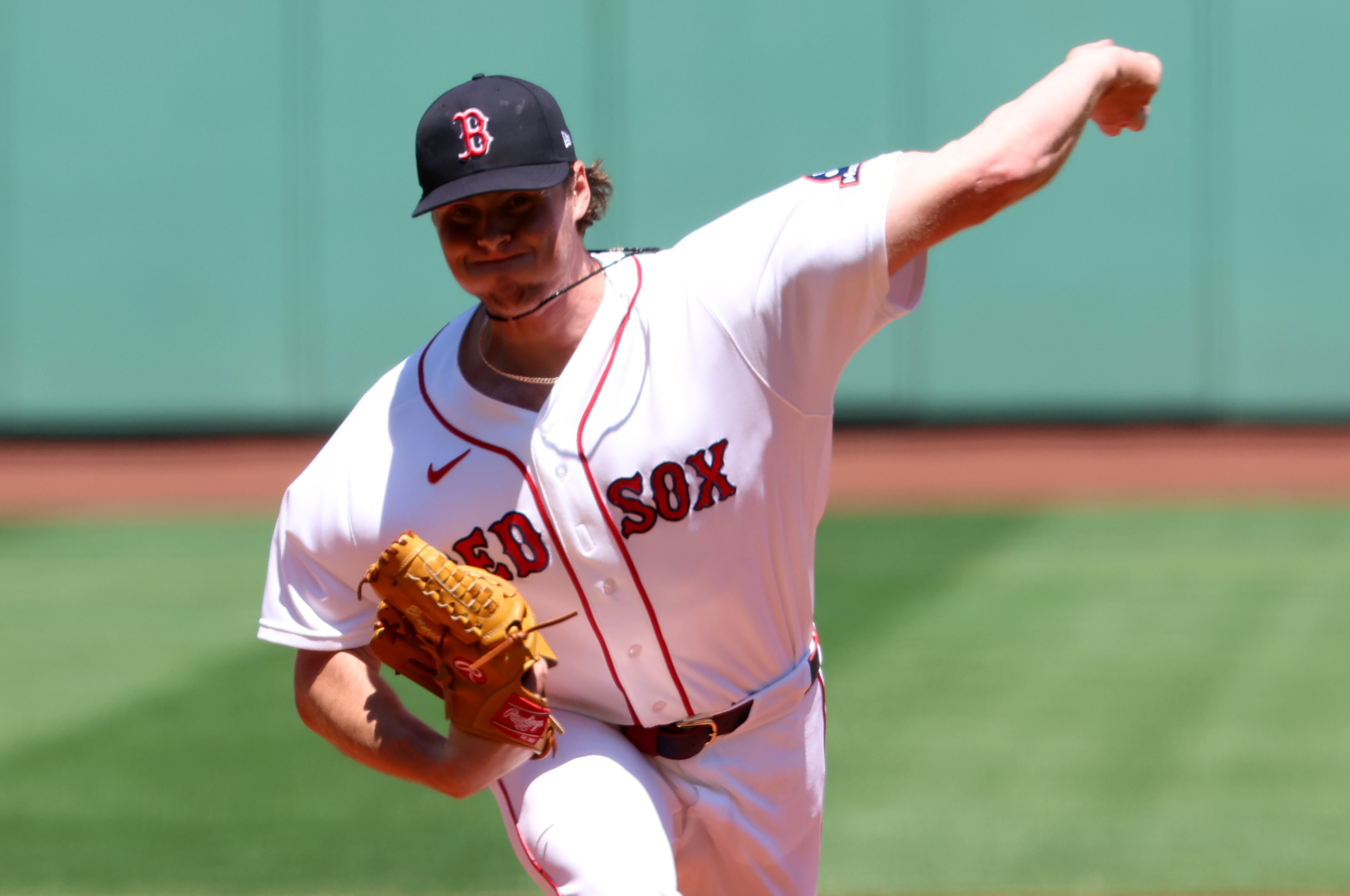 Boston Red Sox pitcher Jake Bennett throws during the first inning of the first baseball game of a doubleheader against the Tampa Bay Rays, Friday, July 17, 2026, in Boston. 