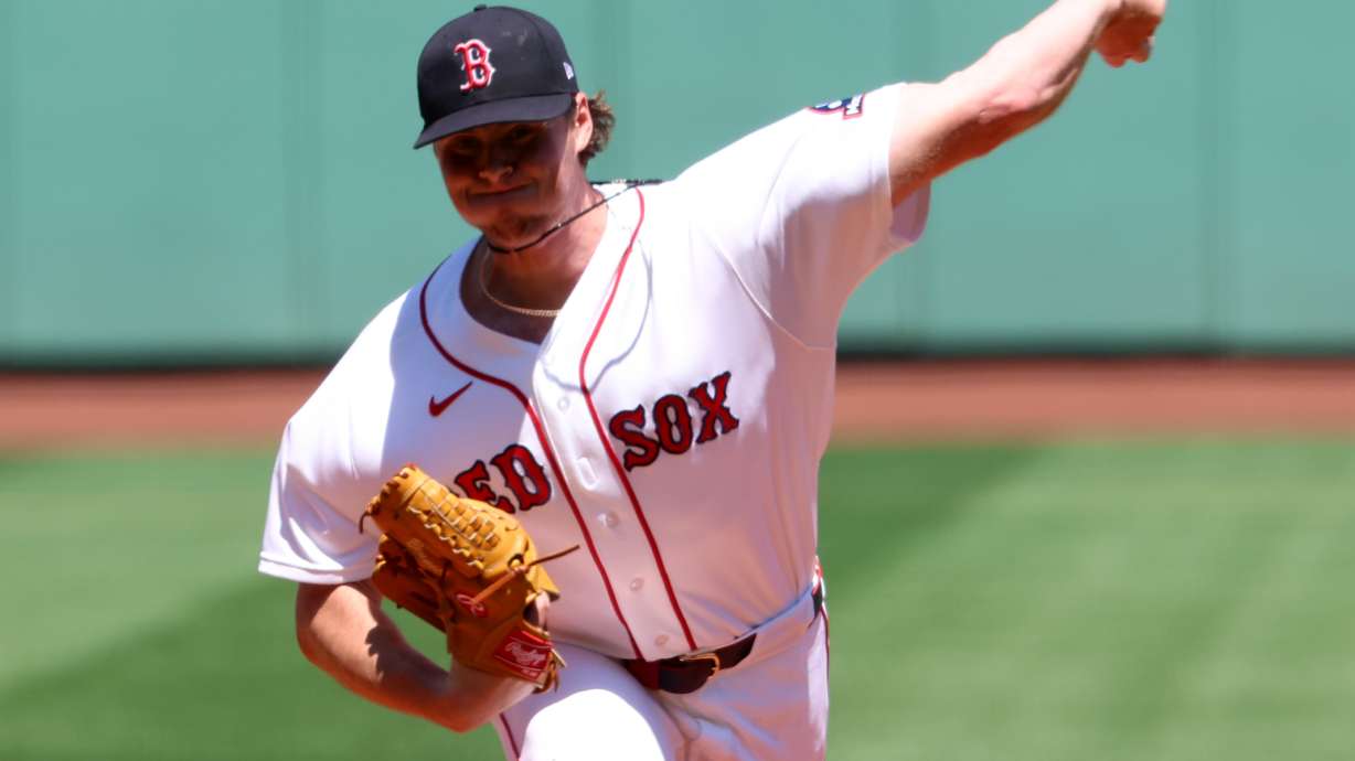 Boston Red Sox pitcher Jake Bennett throws during the first inning of the first baseball game of a doubleheader against the Tampa Bay Rays, Friday, July 17, 2026, in Boston.