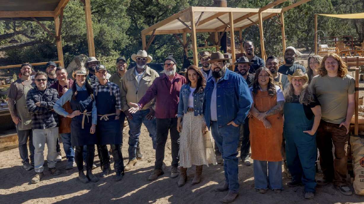 Contestants with host Andrew Zimmern and judges Moe Cason, Ernest Servantes and Jess Pryles as seen on "Pitmasters" Season 1.