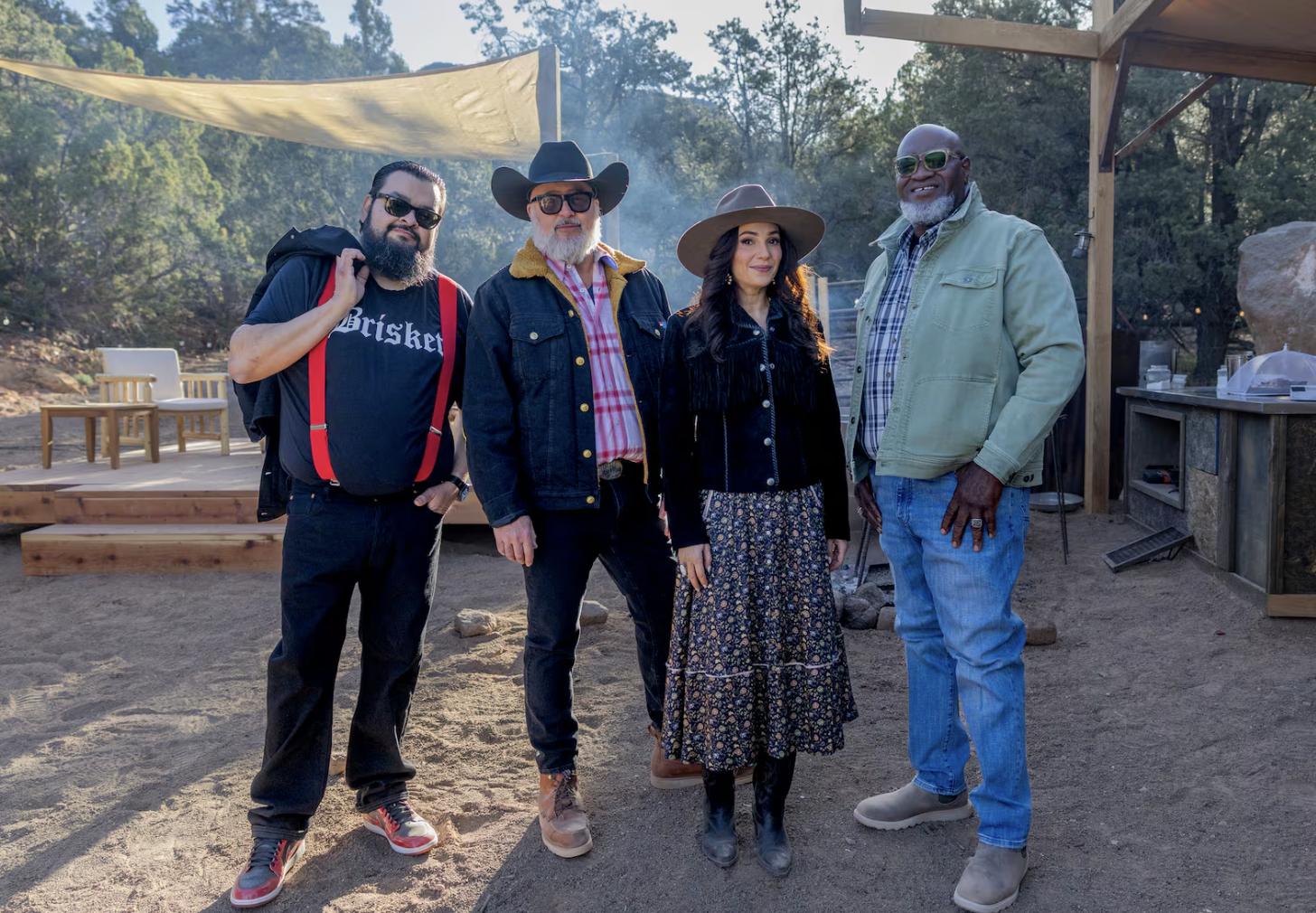 Host Andrew Zimmern with judges Moe Cason, Ernest Servantes and Jess Pryles during the Big Burn: Surf and Turf Sprint challenge as seen on "Pitmasters" Season 1.