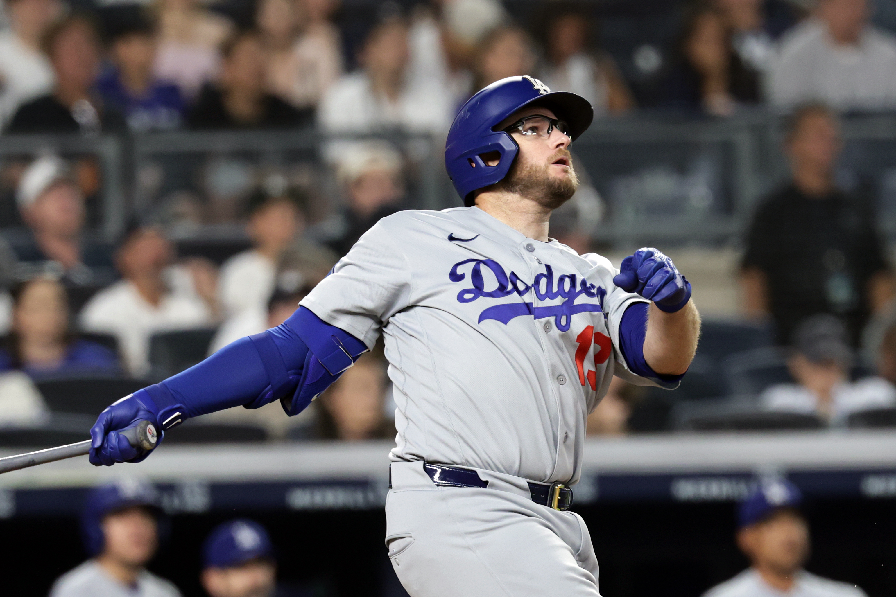 Los Angeles Dodgers' Max Muncy watches his two-run home run during the seventh inning of a baseball game against the New York Yankees, Friday, July 17, 2026, in New York. 