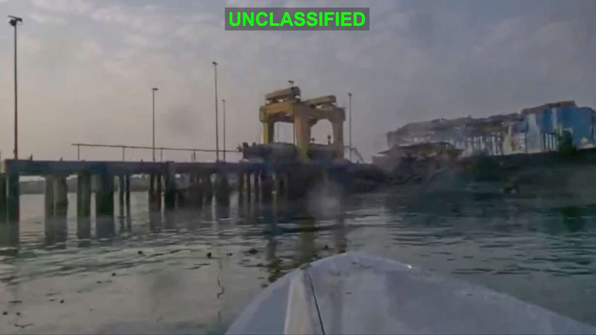 A view from a Corsair unmanned surface vessel, also called one-way attack surface drone, fired by U.S. military, closing in on Bandar Abbas Naval Base, Iran, Monday. Central Command conducted a seventh straight night of strikes on Saturday.