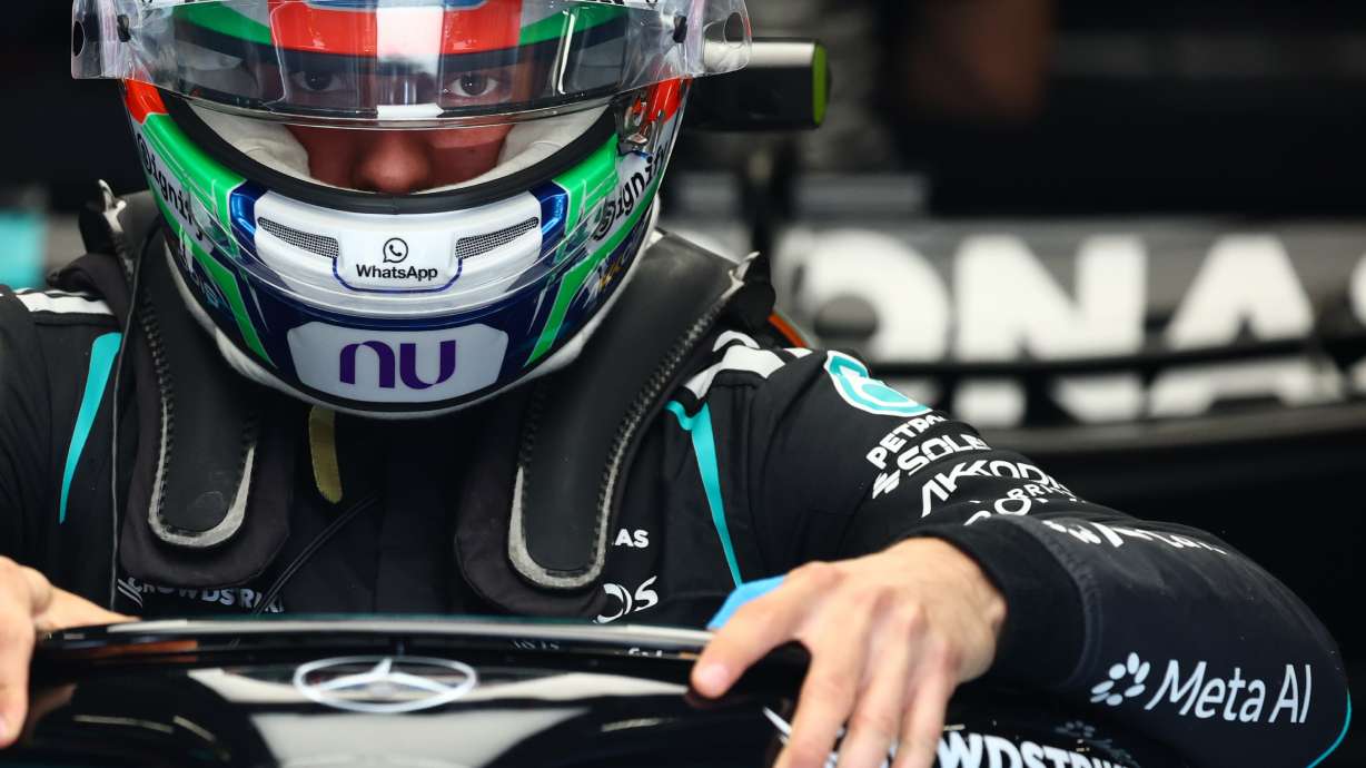 Mercedes driver Andrea Kimi Antonelli of Italy gets into his car as he prepares for the qualifying session ahead of the Formula One Grand Prix at the Spa-Francorchamps racetrack in Spa, Belgium, Saturday, July 18, 2026.