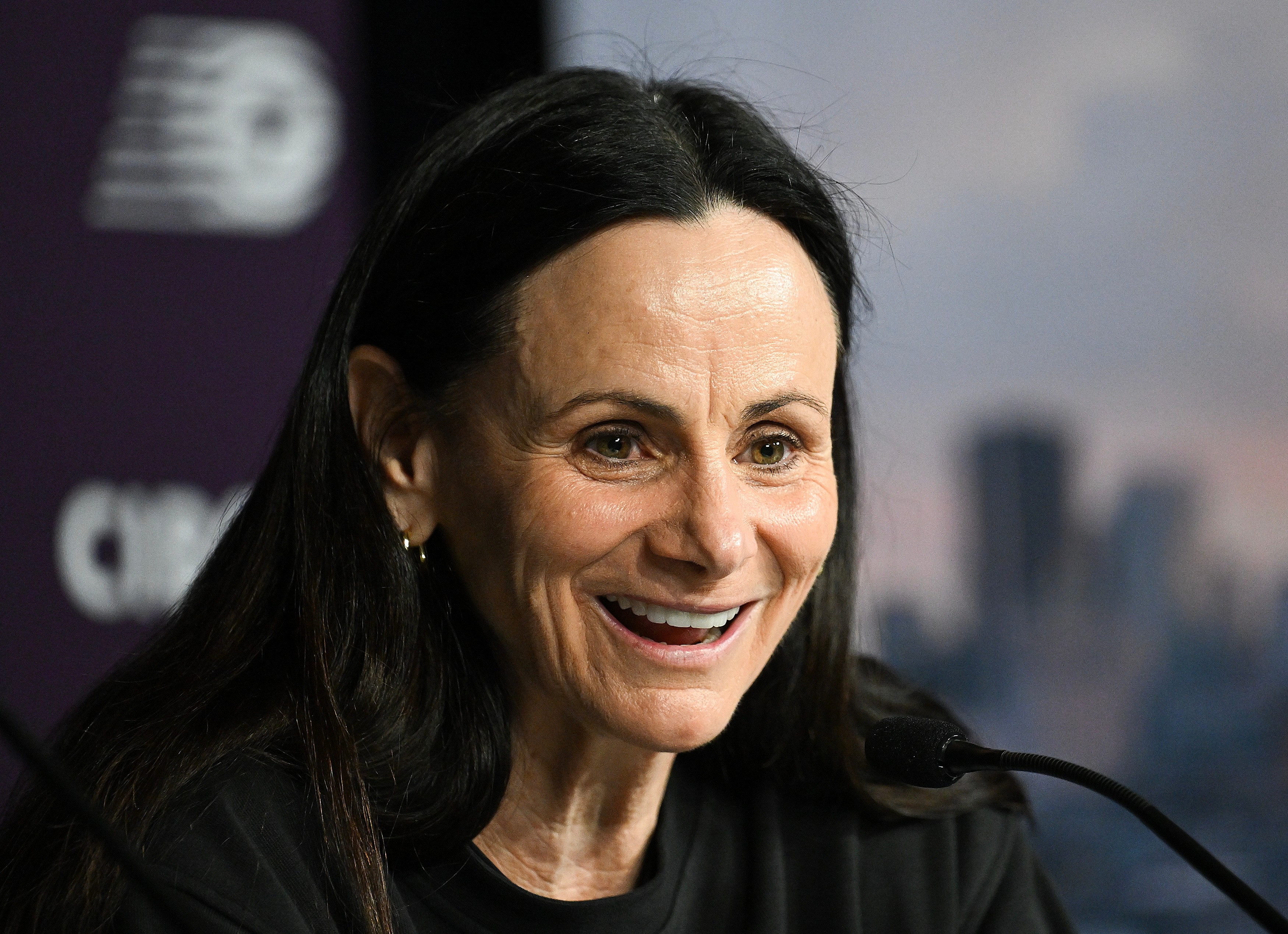 Toronto Tempo head coach Sandy Brondello speaks to the media prior to a WNBA basketball game against the New York Liberty in Montreal, Sunday, July 12, 2026. 
