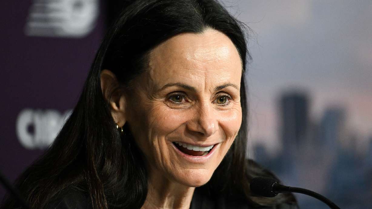 Toronto Tempo head coach Sandy Brondello speaks to the media prior to a WNBA basketball game against the New York Liberty in Montreal, Sunday, July 12, 2026.