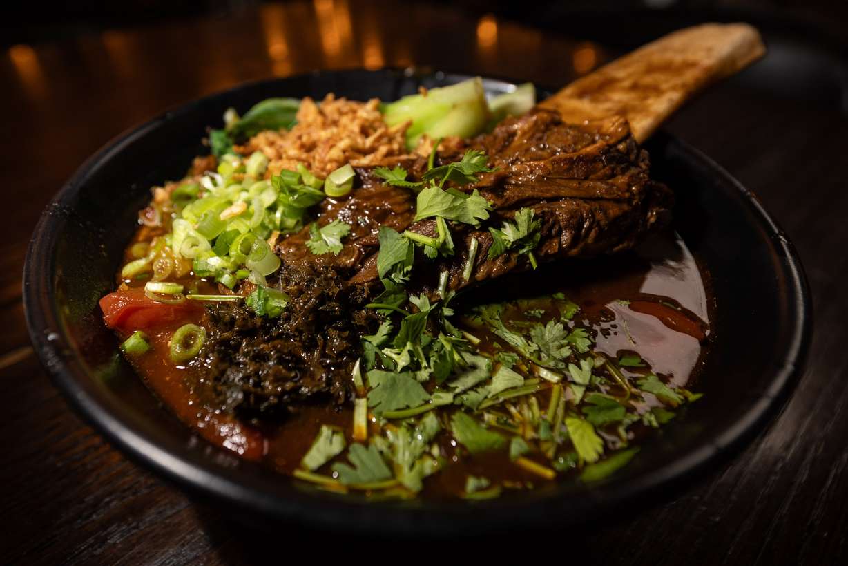 Bone in braised short rib beef noodle soup is displayed at Drunken Kitchen in Salt Lake City on Tuesday.