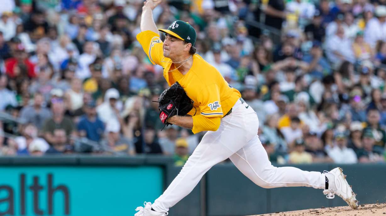 Athletics pitcher J.T. Ginn throws to the Washington Nationals during the second inning of a baseball game Saturday, July 18, 2026, in West Sacramento, Calif.