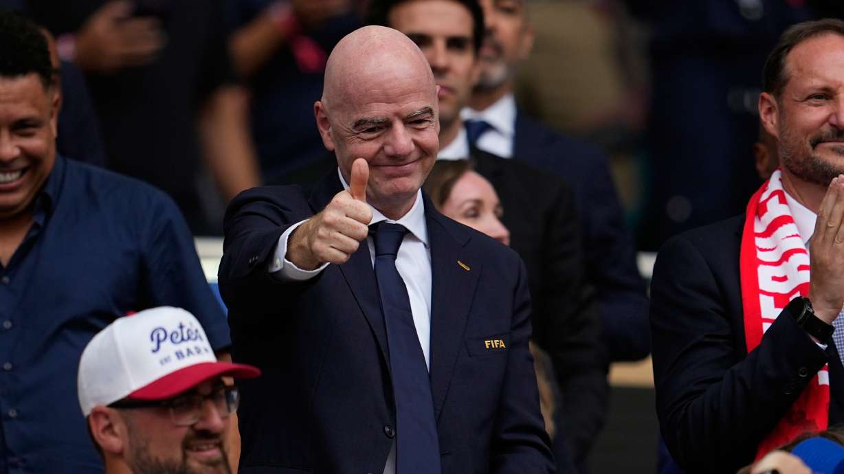 FIFA President Gianni Infantino attends the World Cup quarterfinal soccer match between Norway and England in Miami Gardens, Fla., Saturday, July 11, 2026.
