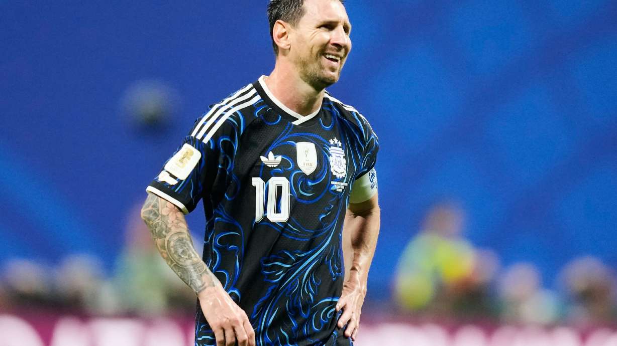 Argentina's Lionel Messi (10) reacts during the World Cup semifinal soccer match between England and Argentina in Atlanta, Wednesday, July 15, 2026.