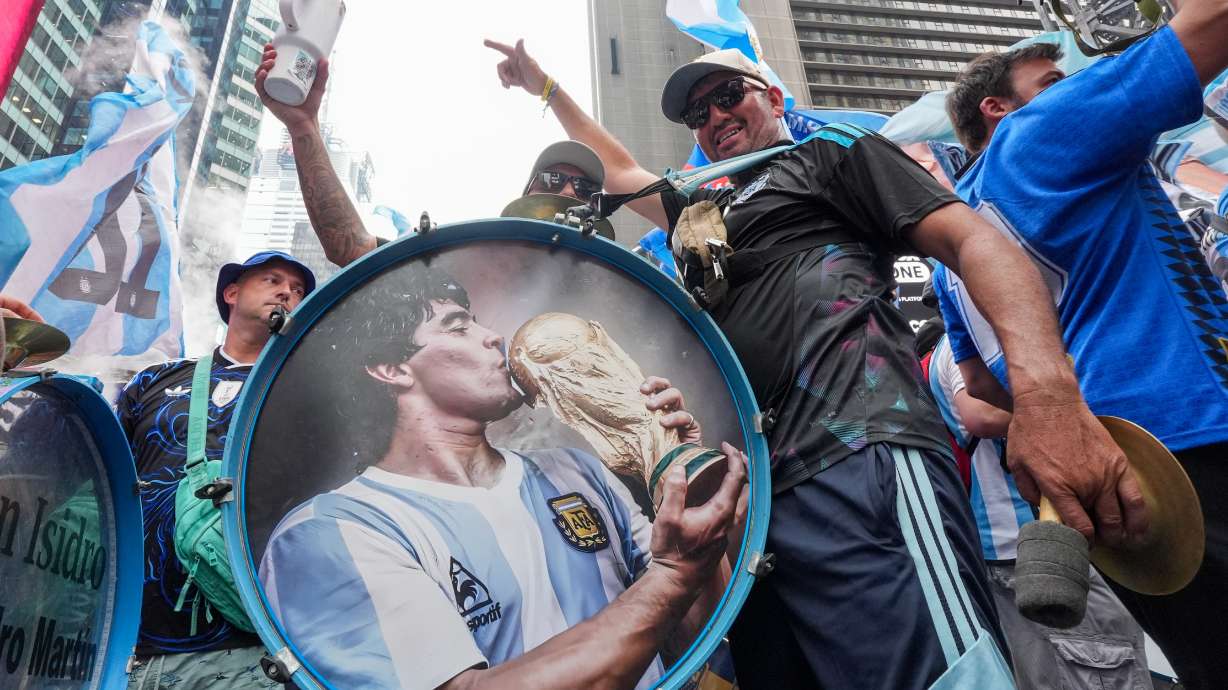 Argentina fans gather for a rally on the eve of the World Cup final soccer match in New York's Times Square, Saturday, July 18, 2026
