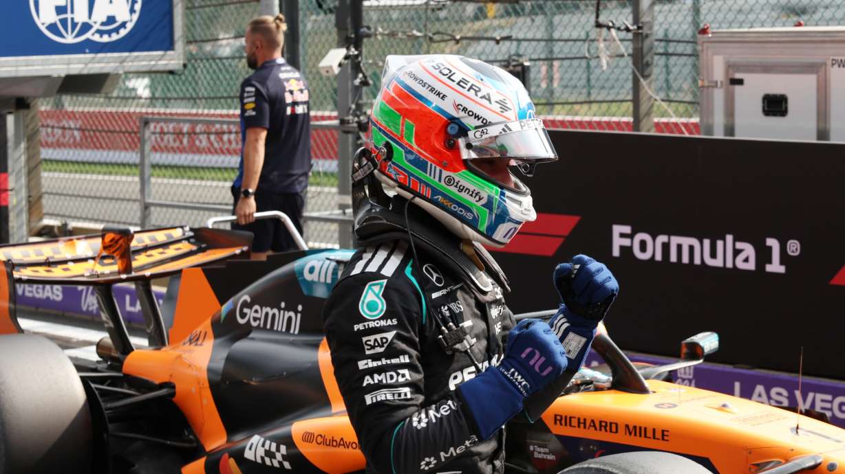 Mercedes driver Andrea Kimi Antonelli of Italy celebrates after clocking the fastest time during qualification ahead of the Formula One Grand Prix at the Spa-Francorchamps racetrack in Spa, Belgium, Saturday, July 18, 2026.