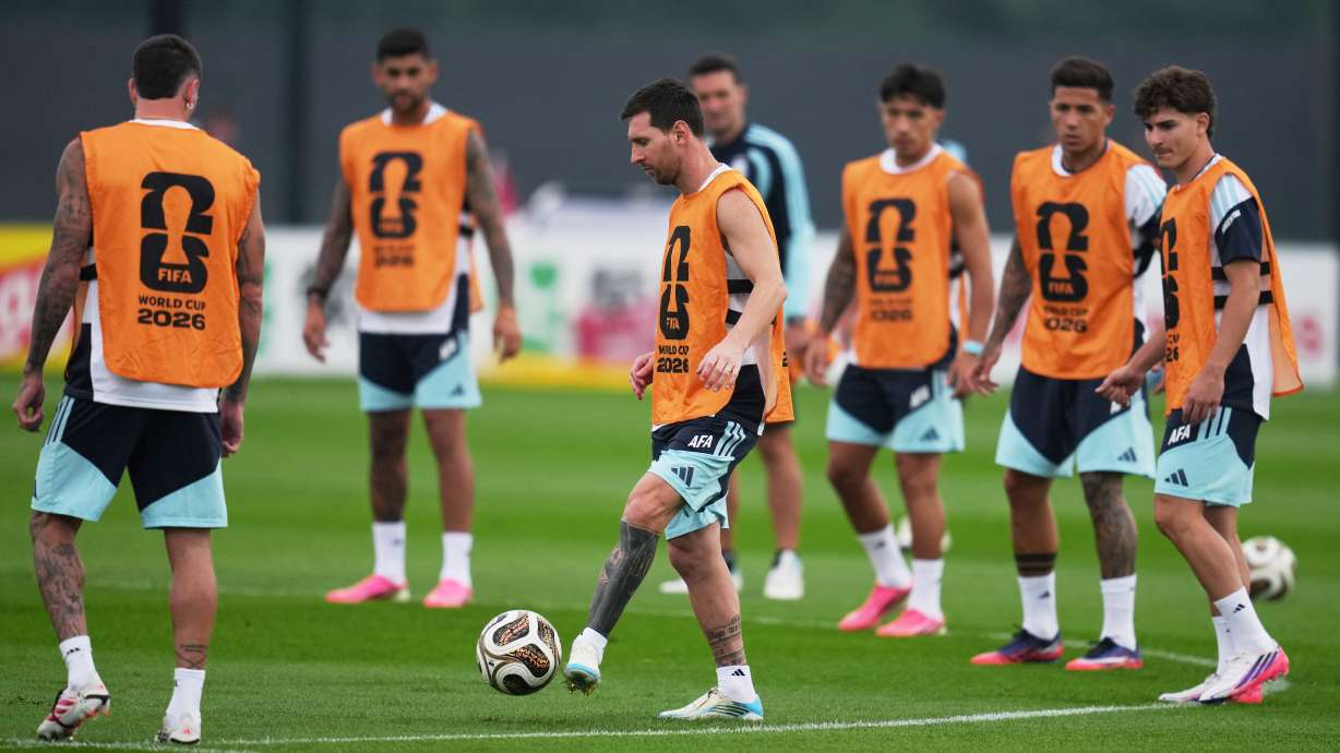 Argentina's Lionel Messi kicks the ball during a training session on the eve of the World Cup final soccer match in Morristown, N.J., Saturday, July 18, 2026.