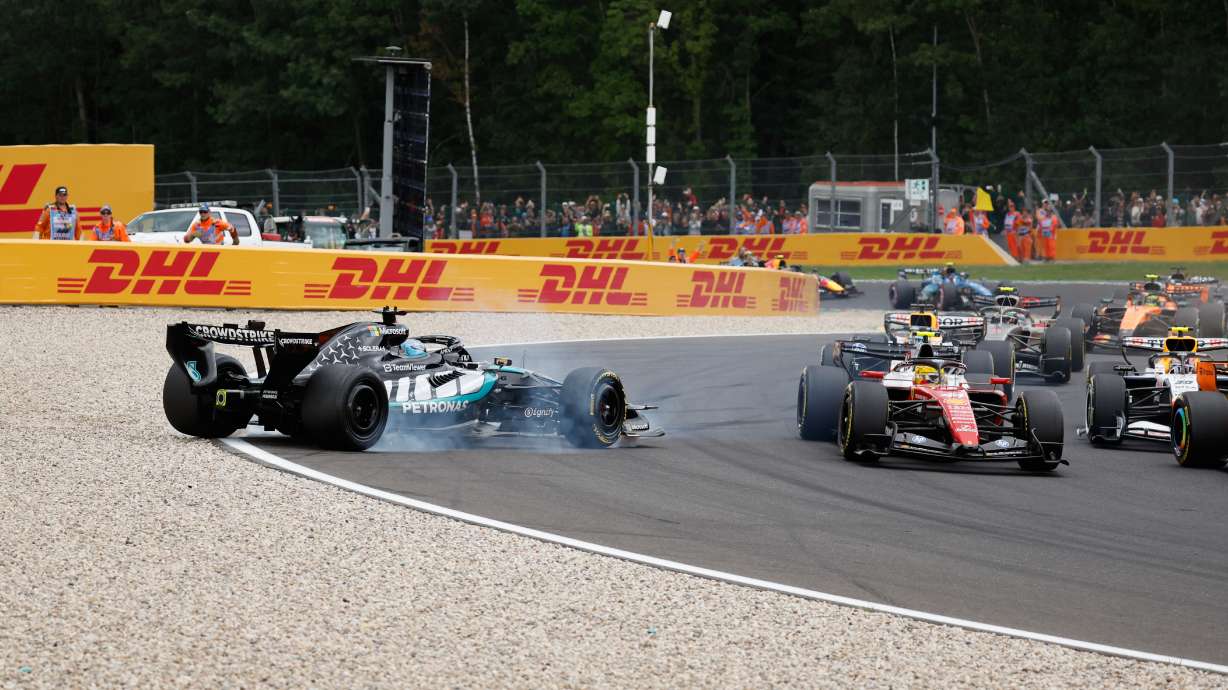 Mercedes driver George Russell of Britain spins off the track during the Formula One Grand Prix at the Spa-Francorchamps racetrack in Spa, Belgium, Sunday, July 19, 2026.