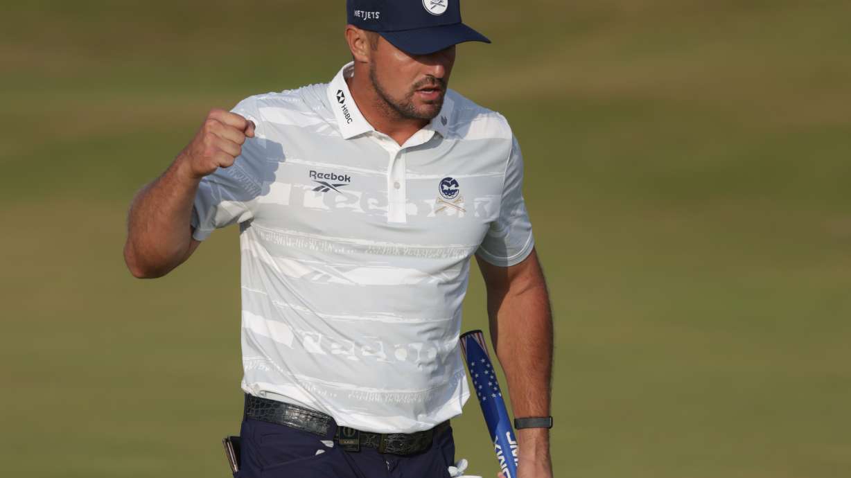Bryson DeChambeau of the United States reacts on the 17th green during the third day of the British Open Golf championships at Royal Birkdale golf club, in Southport, England, Saturday, July 18, 2026.
