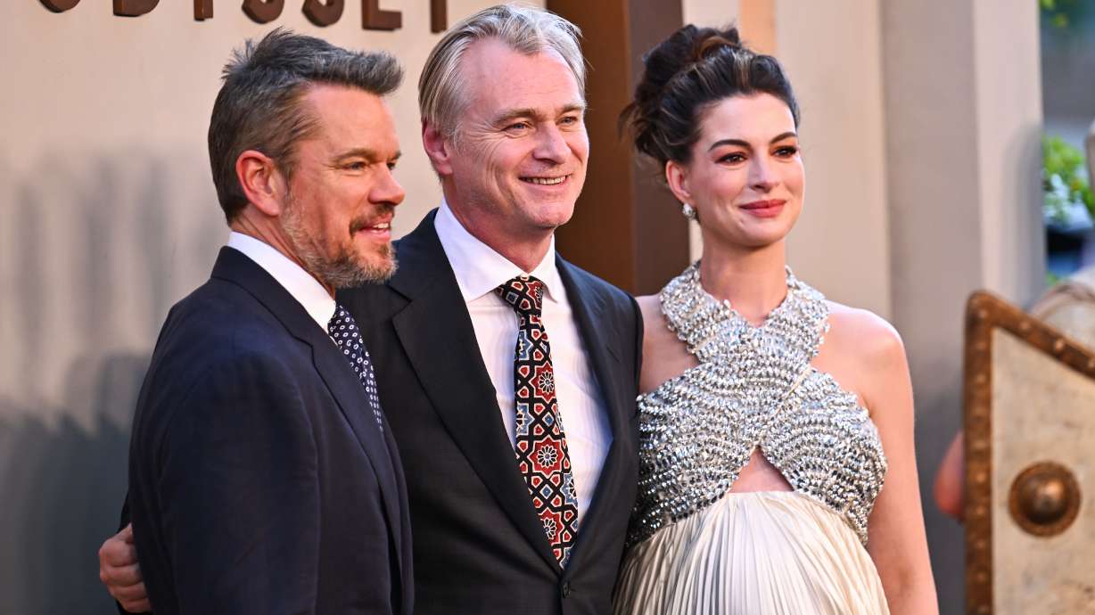 Matt Damon, from left, director Christopher Nolan, and Anne Hathaway attend the premiere of "The Odyssey" at AMC Lincoln Square on Tuesday in New York.