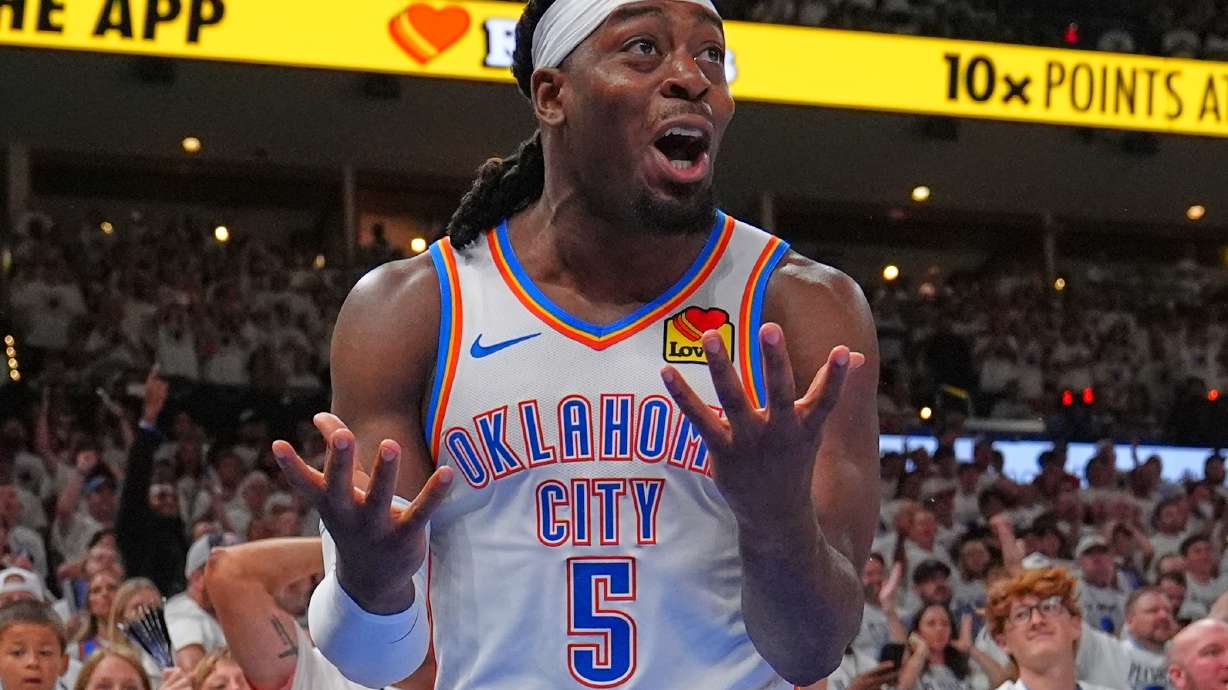 FILE - Oklahoma City Thunder guard Luguentz Dort (5) reacts to a foul in the second half of Game 5 in the Western Conference finals NBA basketball playoffs series against the San Antonio Spurs, May 26, 2026, in Oklahoma City.