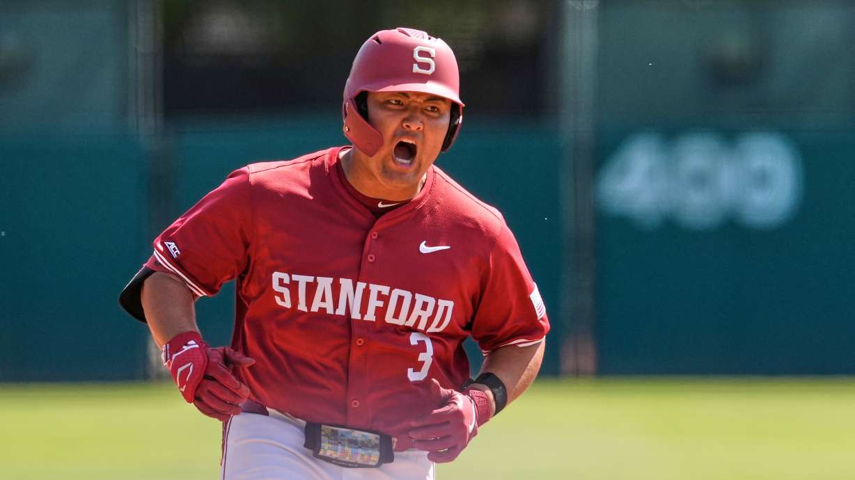 FILE - Stanford's Rintaro Sasaki reacts as he runs the bases after his two-run home run during the sixth inning of an NCAA college baseball game against the Notre Dame, April 20, 2025, in Stanford, Calif.