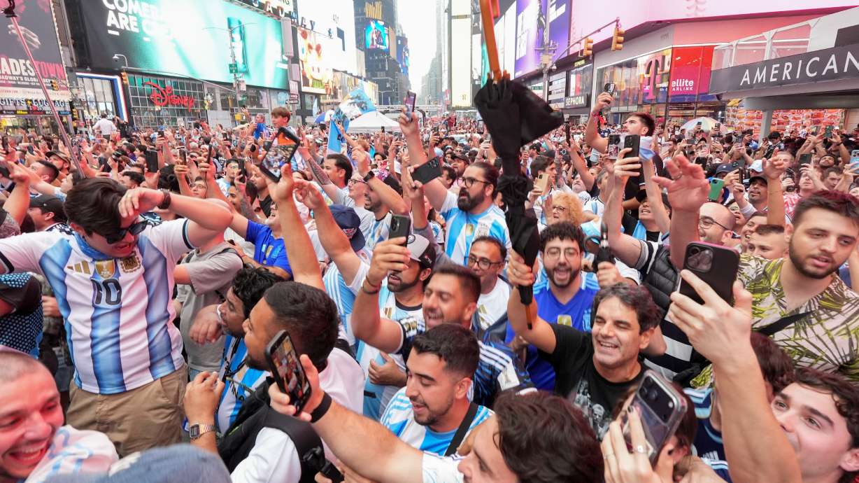 Argentina fans gather for a rally on the eve of the World Cup final soccer match in New York's Times Square, Saturday, July 18, 2026