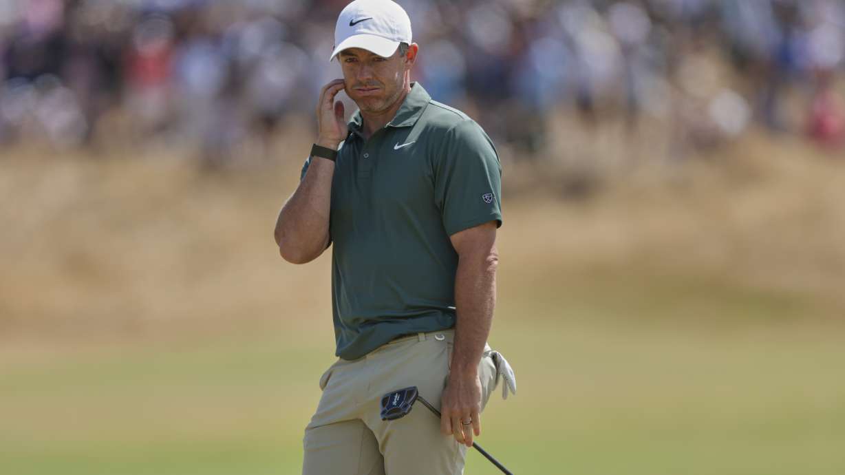 Rory McIlroy of Northern Ireland reacts after putting on the 5th green during the final day of the British Open Golf championships at Royal Birkdale golf club, in Southport, England, Sunday, July 19, 2026.