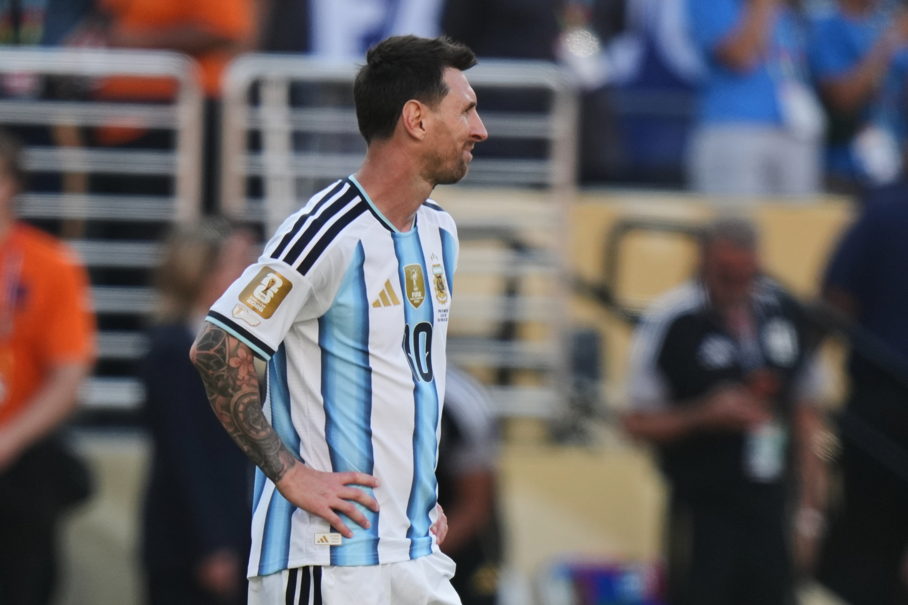 Argentina's Lionel Messi (10) reacts at the end of the World Cup final soccer match between Spain and Argentina in East Rutherford, N.J., near New York, Sunday, July 19, 2026.