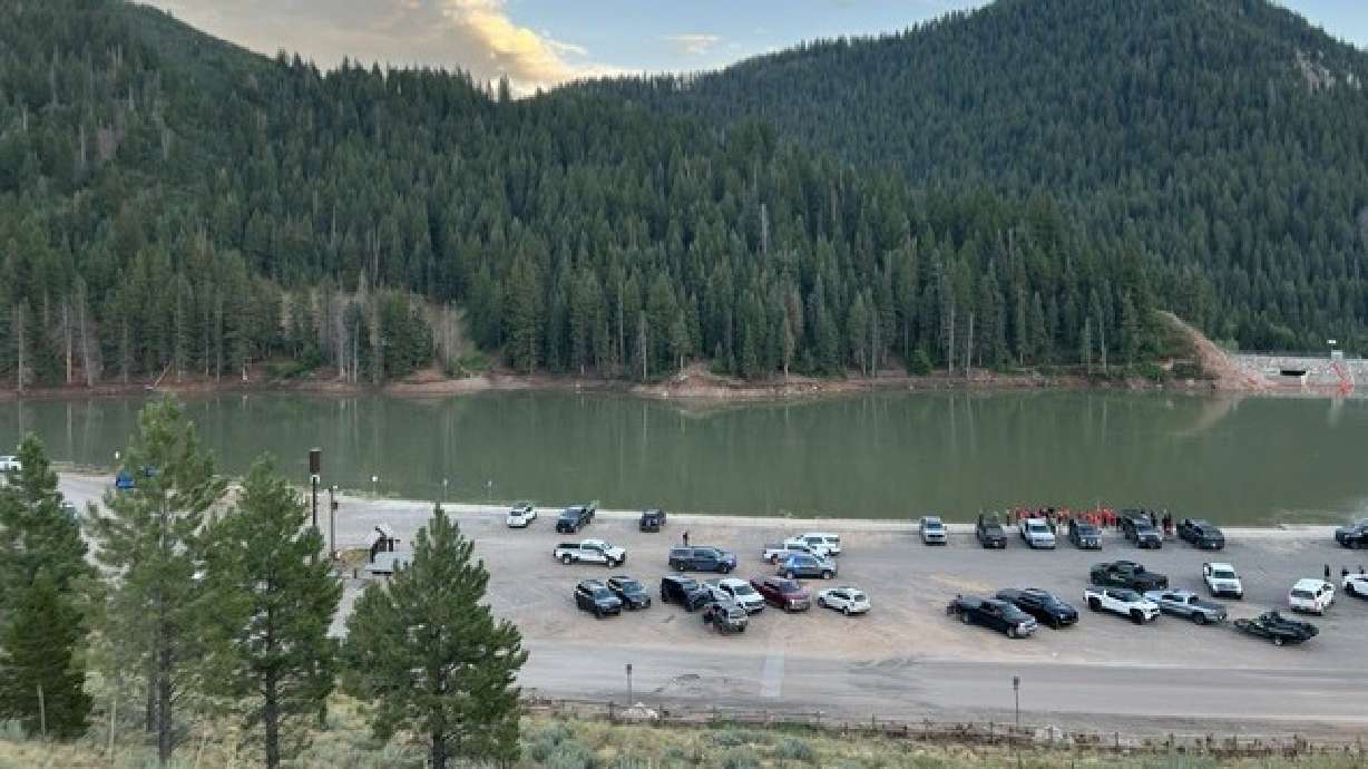 Tibble Fork Reservoir, in American Fork Canyon, on Sunday, as crews searched for a man who went missing while in the water.