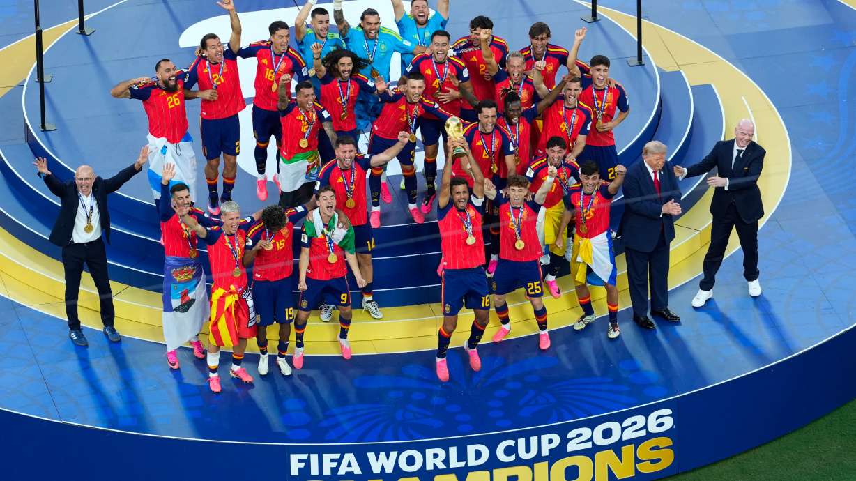 Spain players celebrate after the World Cup final soccer match between Spain and Argentina in East Rutherford, N.J., near New York, Sunday, July 19, 2026.